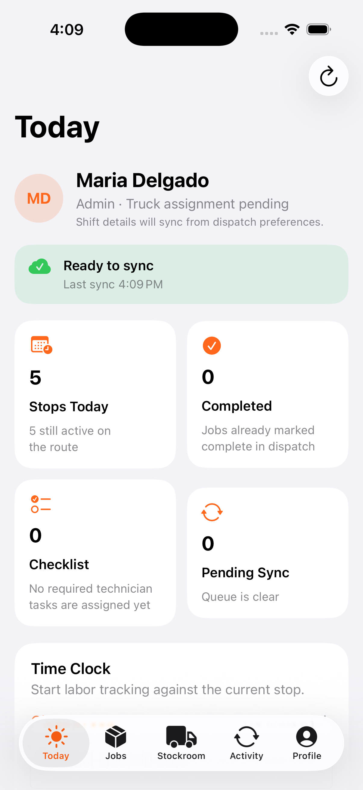 Field Opus iOS main screen showing technician route and sync context