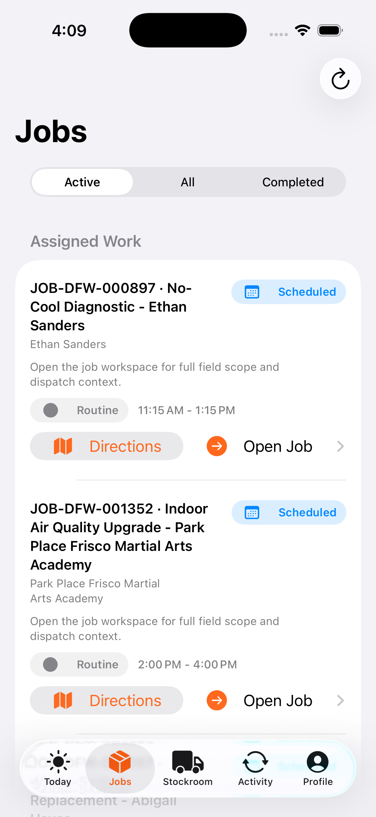 Field Opus iOS jobs screen showing assigned technician work