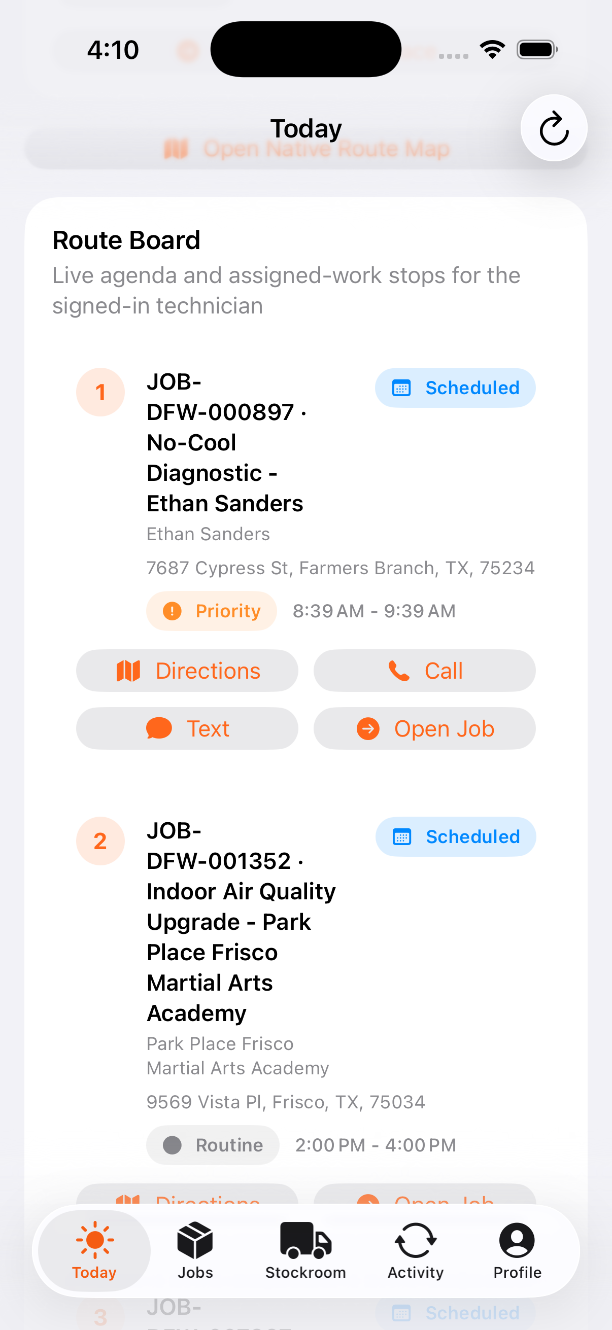 Field Opus iOS route board screen showing technician stop sequence