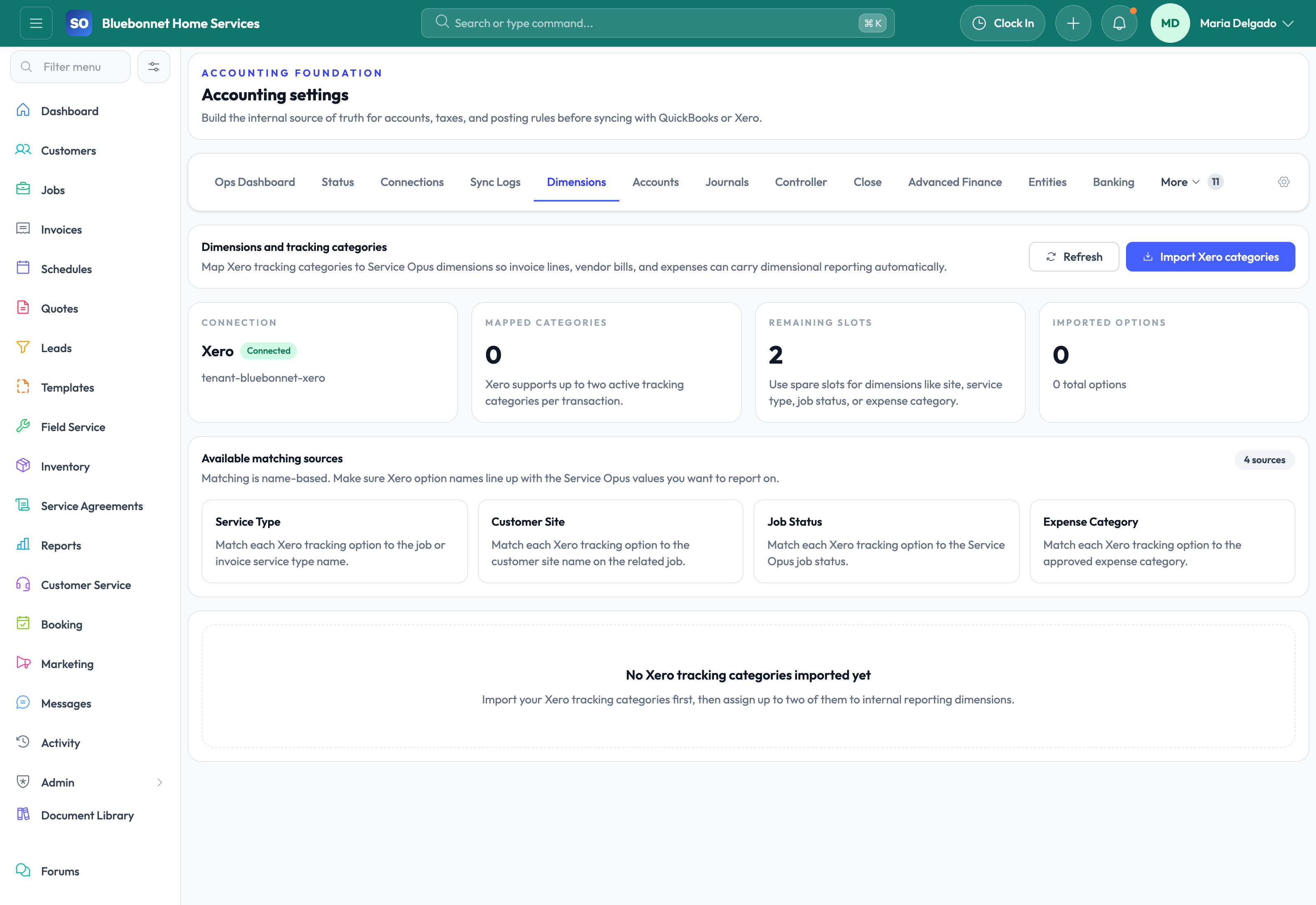 Xero dimensions workspace for tracking-category setup.