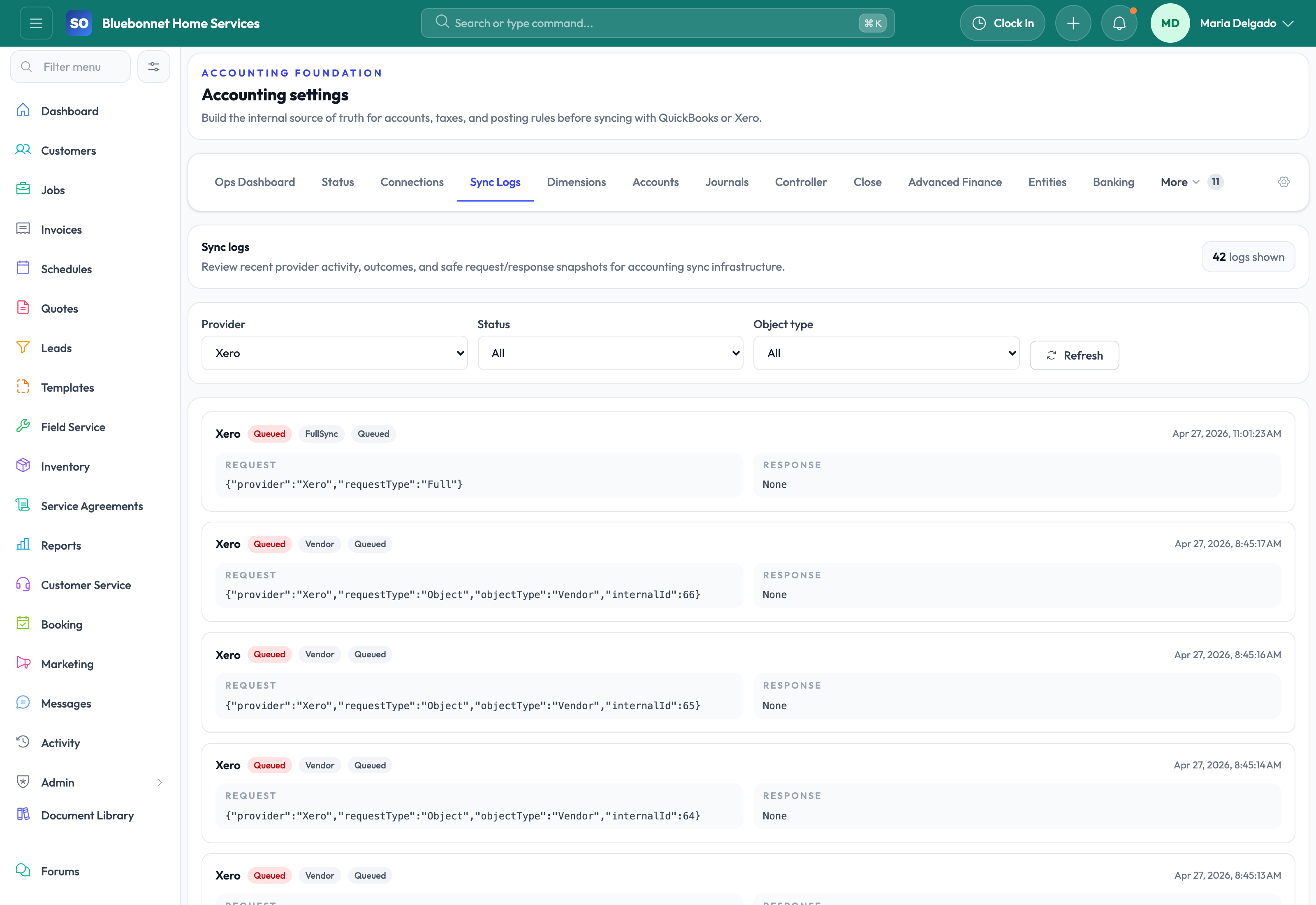 Xero sync logs for export, mismatch, retry, and troubleshooting review.
