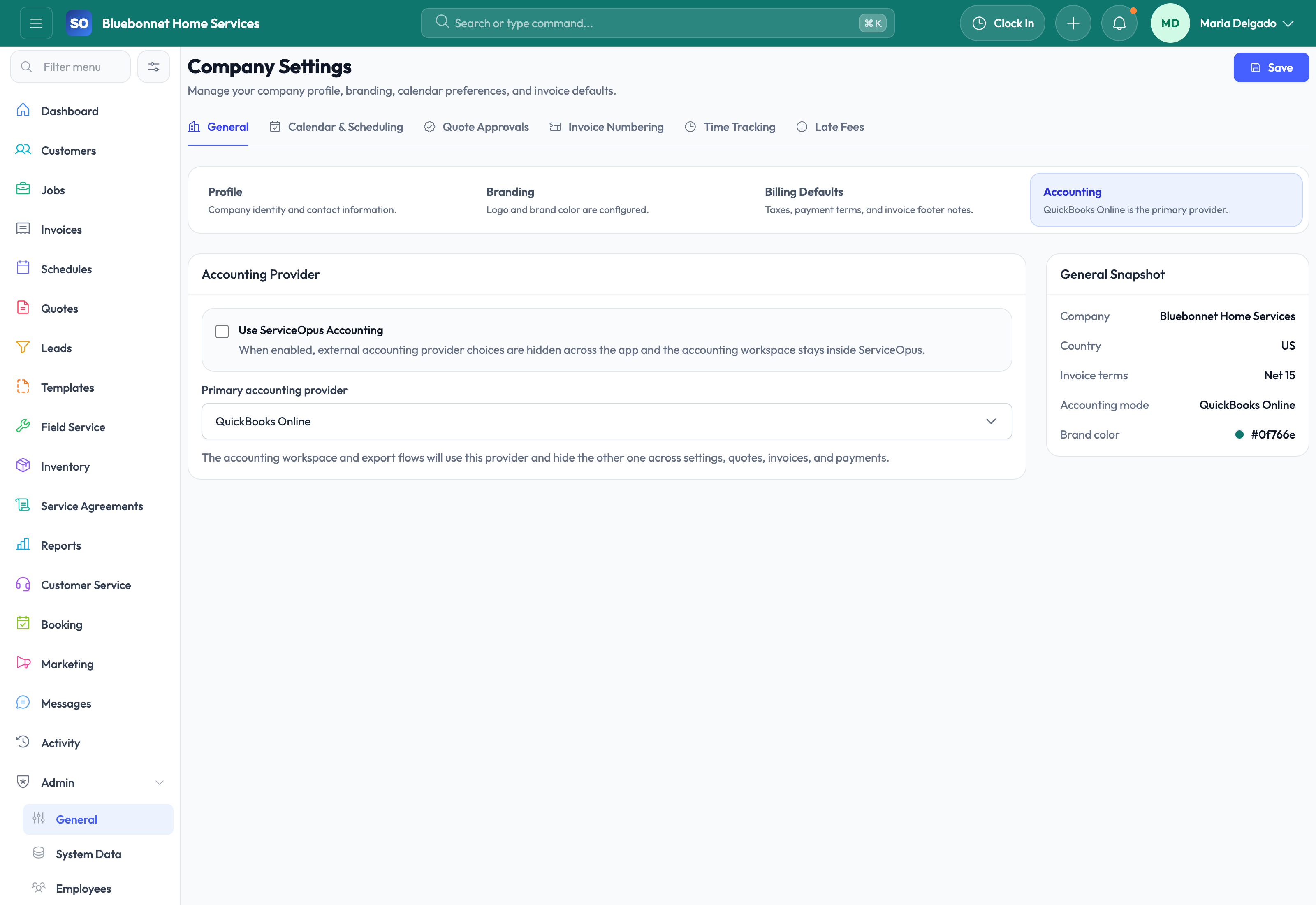 QuickBooks Online mode selected in Company Settings.