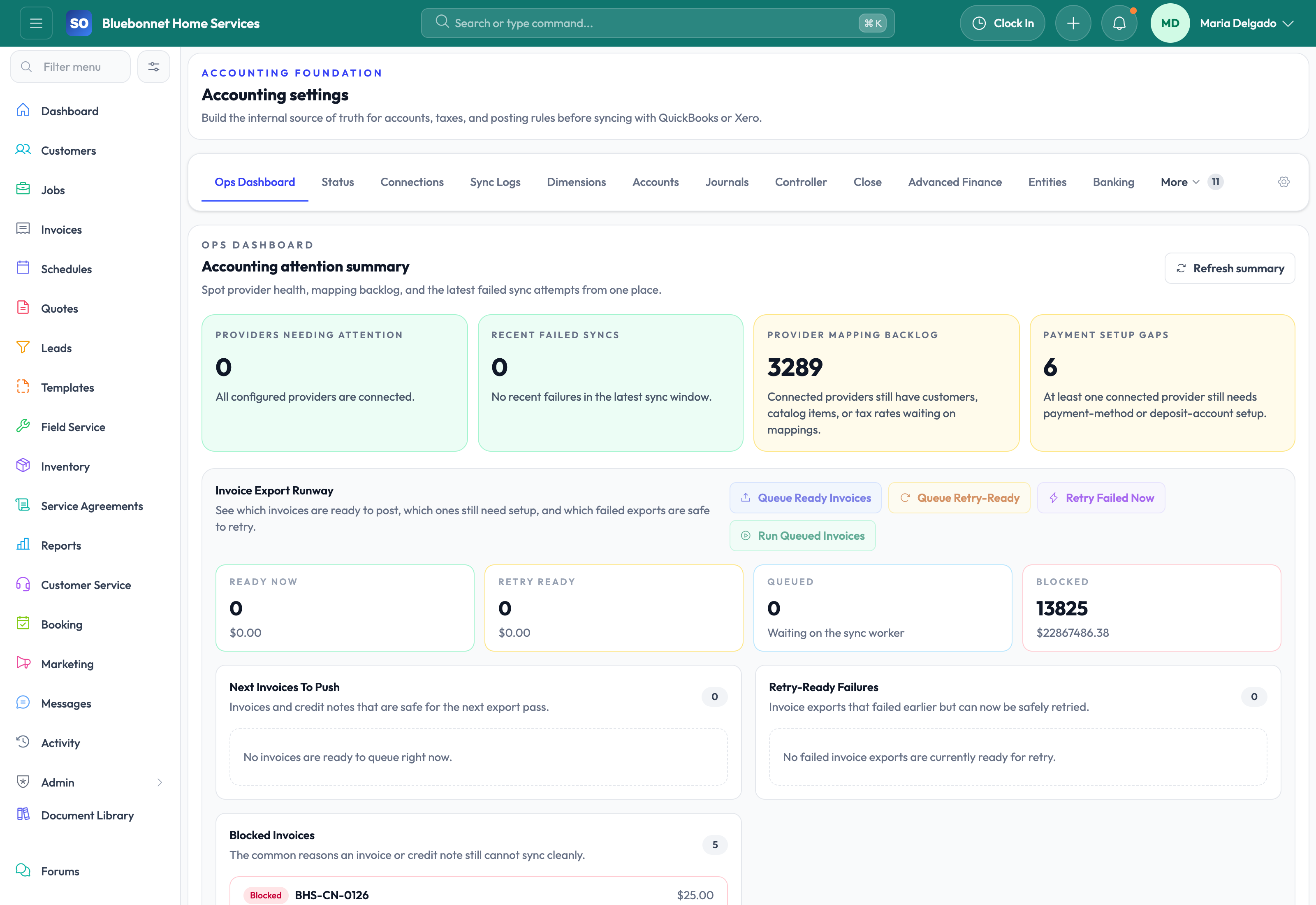 QBO accounting operations dashboard for provider health, queues, and readiness.