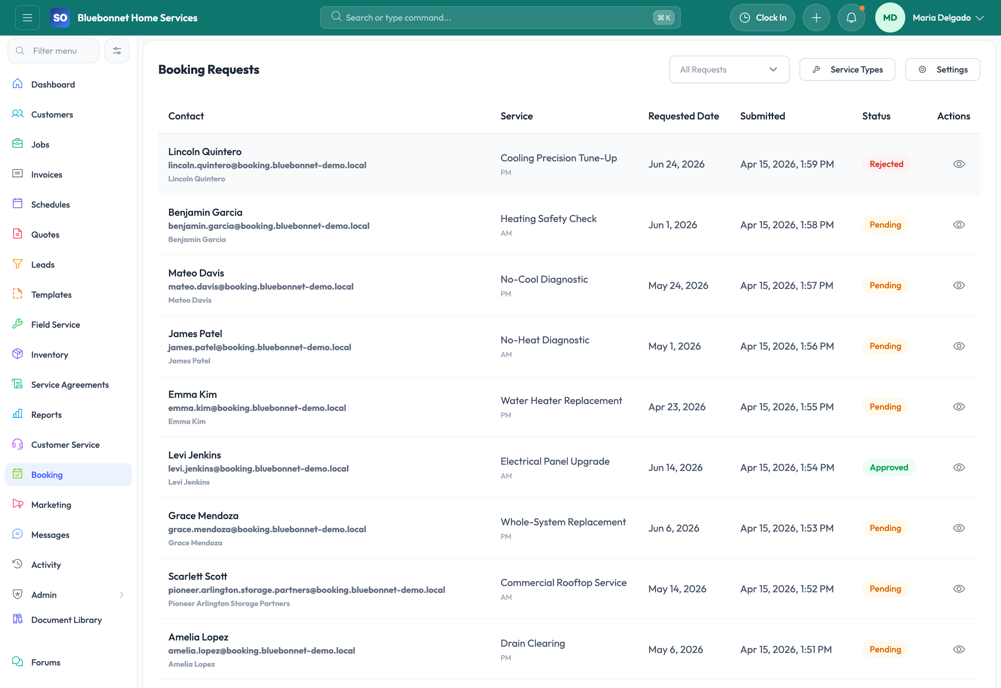 Booking Requests tab for inbound customer scheduling demand.