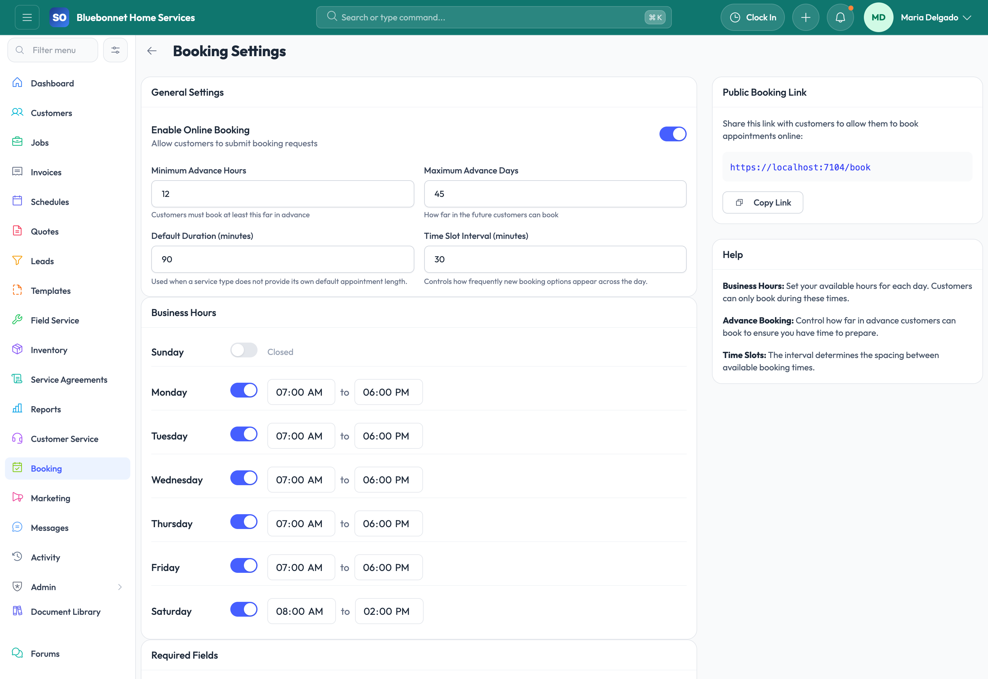 Booking Settings tab for portal and request controls.