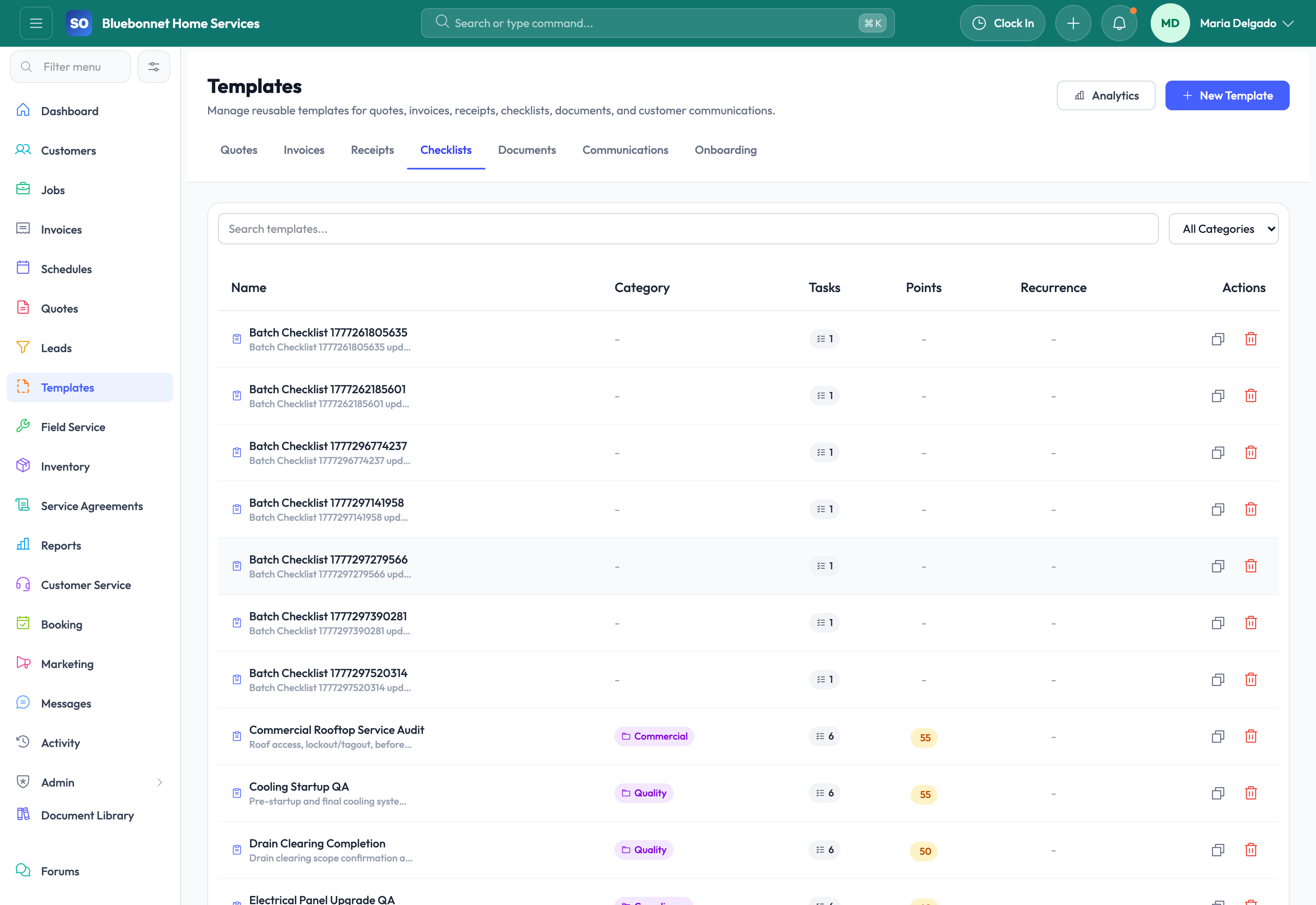 Checklist templates tab for reusable field and quality processes.