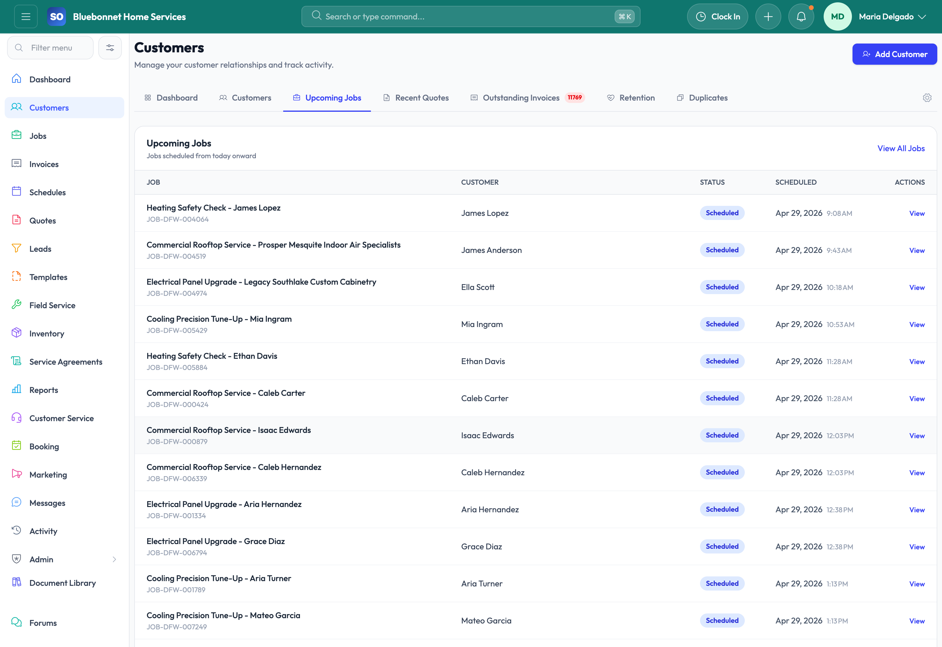 Customer jobs tab showing upcoming and active work tied to accounts.
