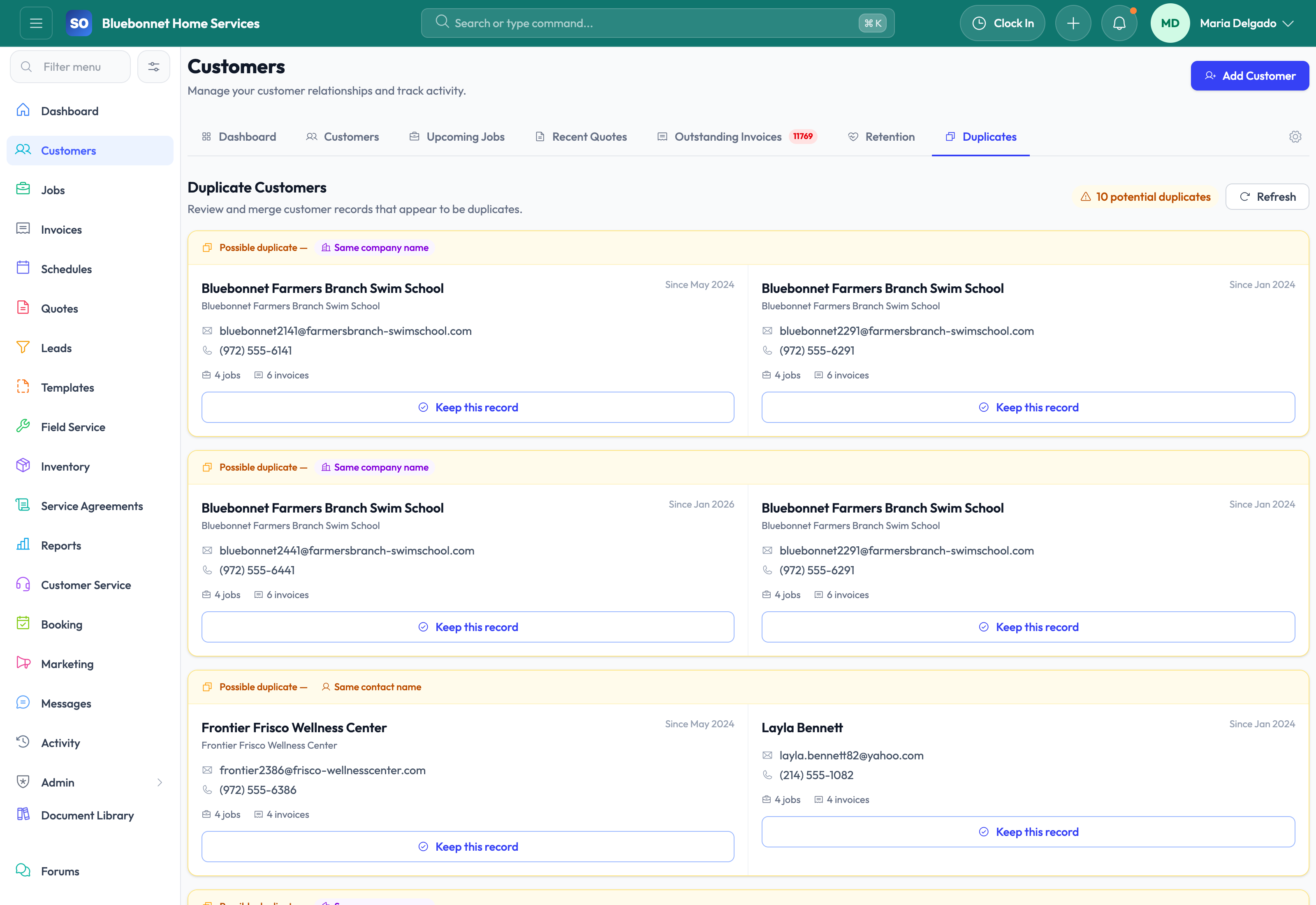 Duplicates tab for customer data cleanup and merge review.