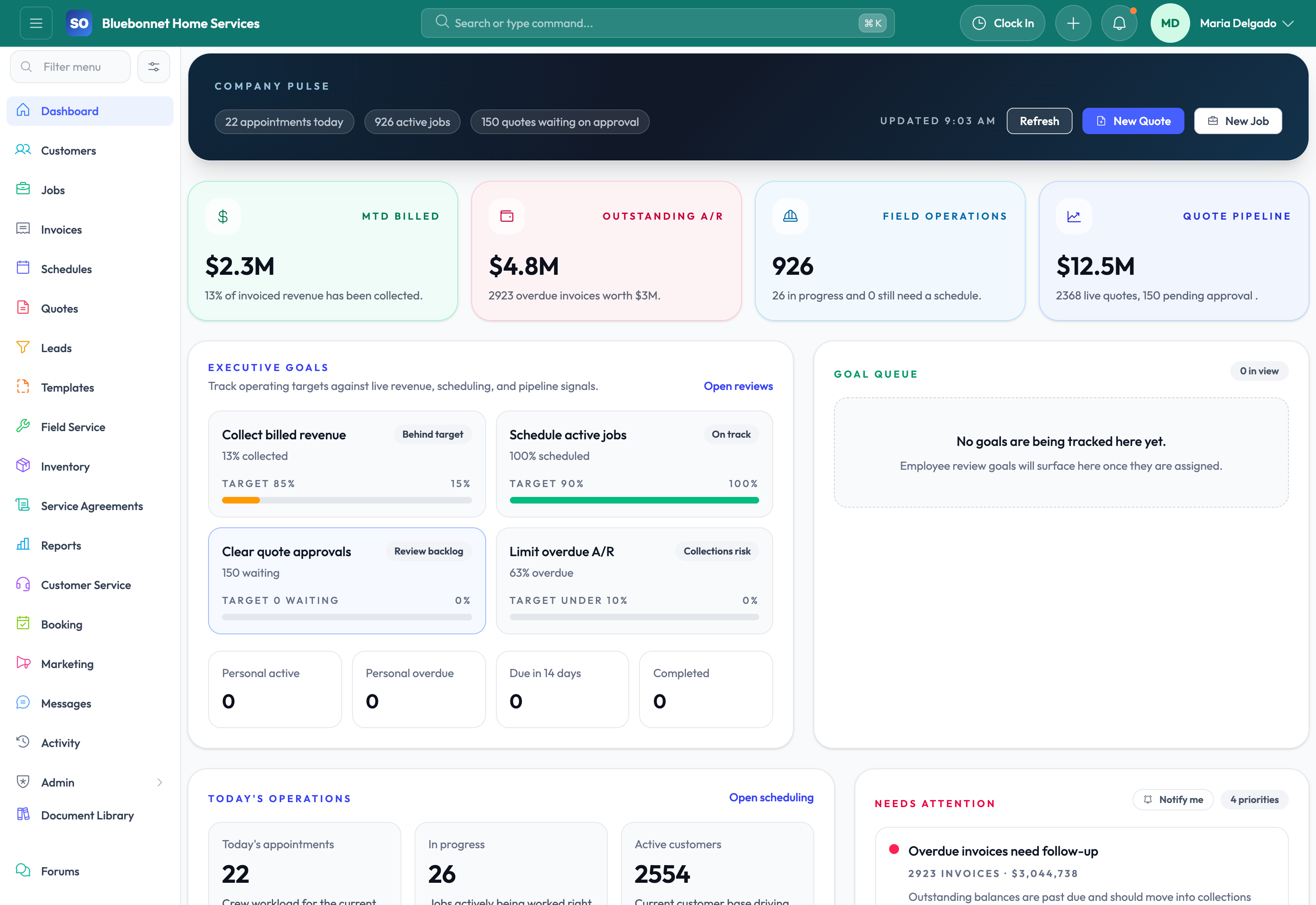 Company pulse dashboard with KPIs, work queues, and today's appointments.