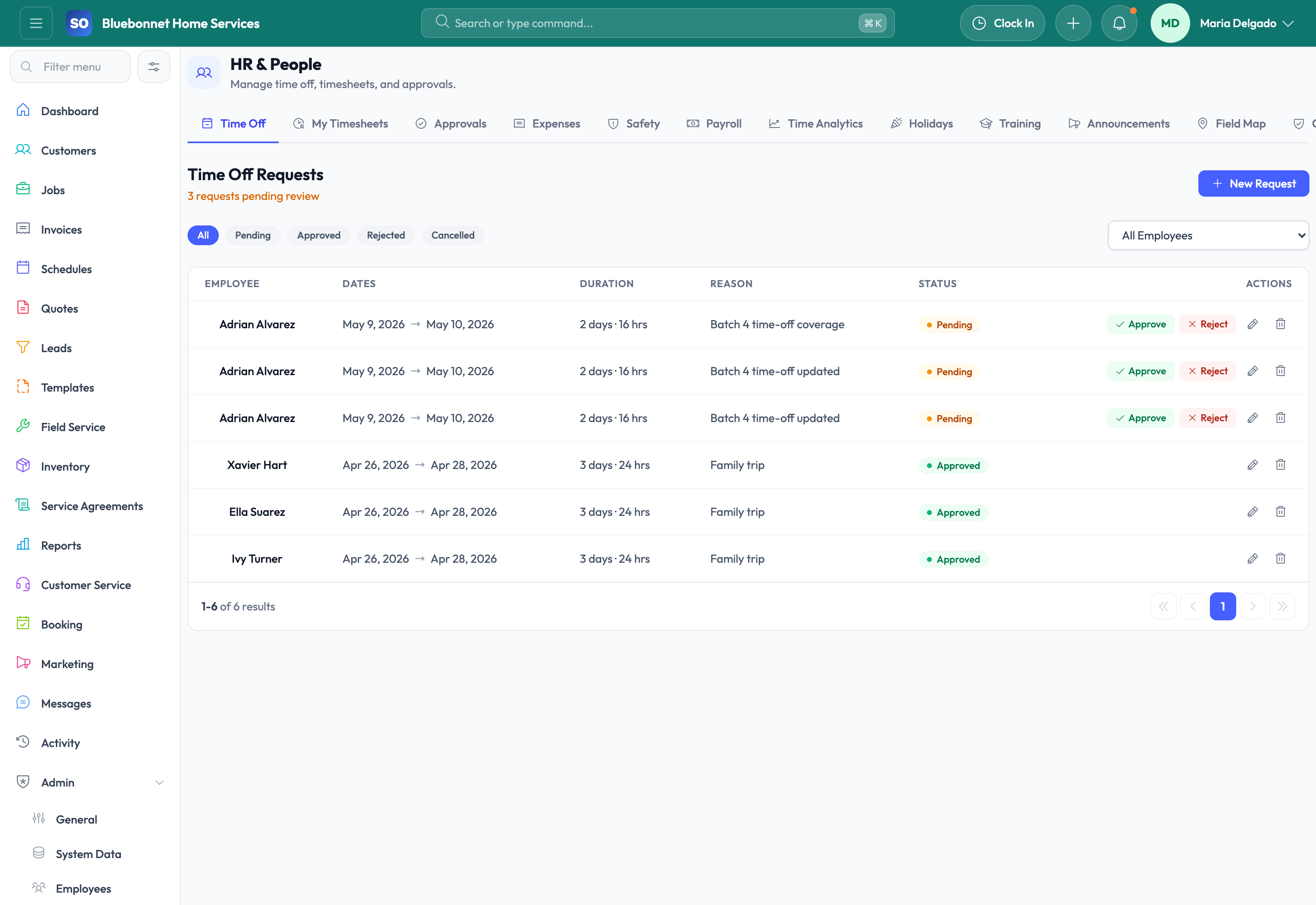Time Off tab for leave requests and staffing availability.