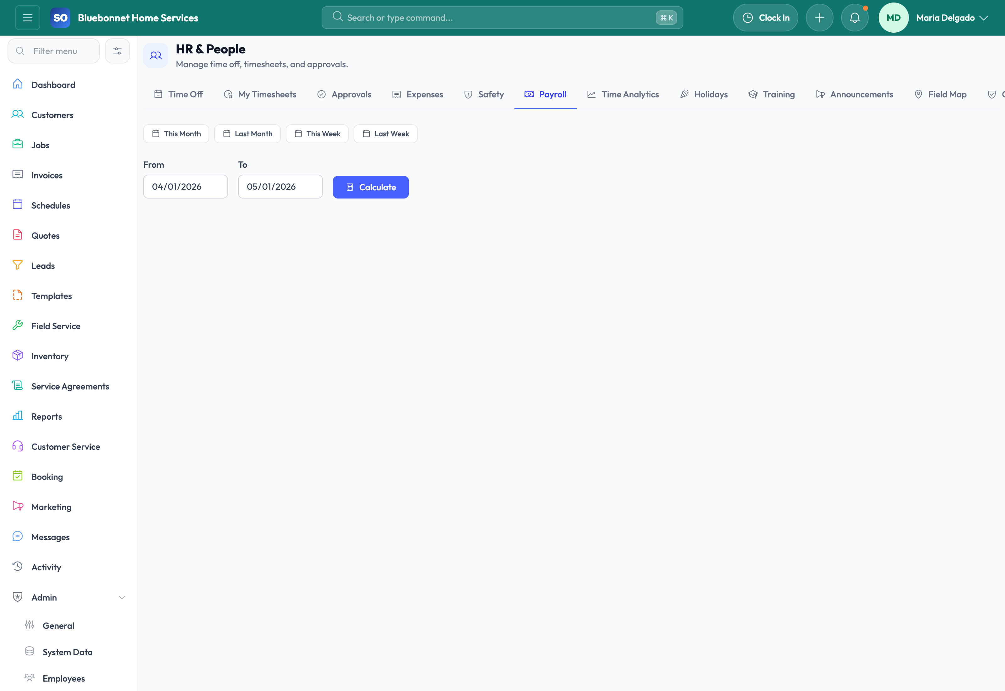 Payroll tab for pay-period visibility and labor review.