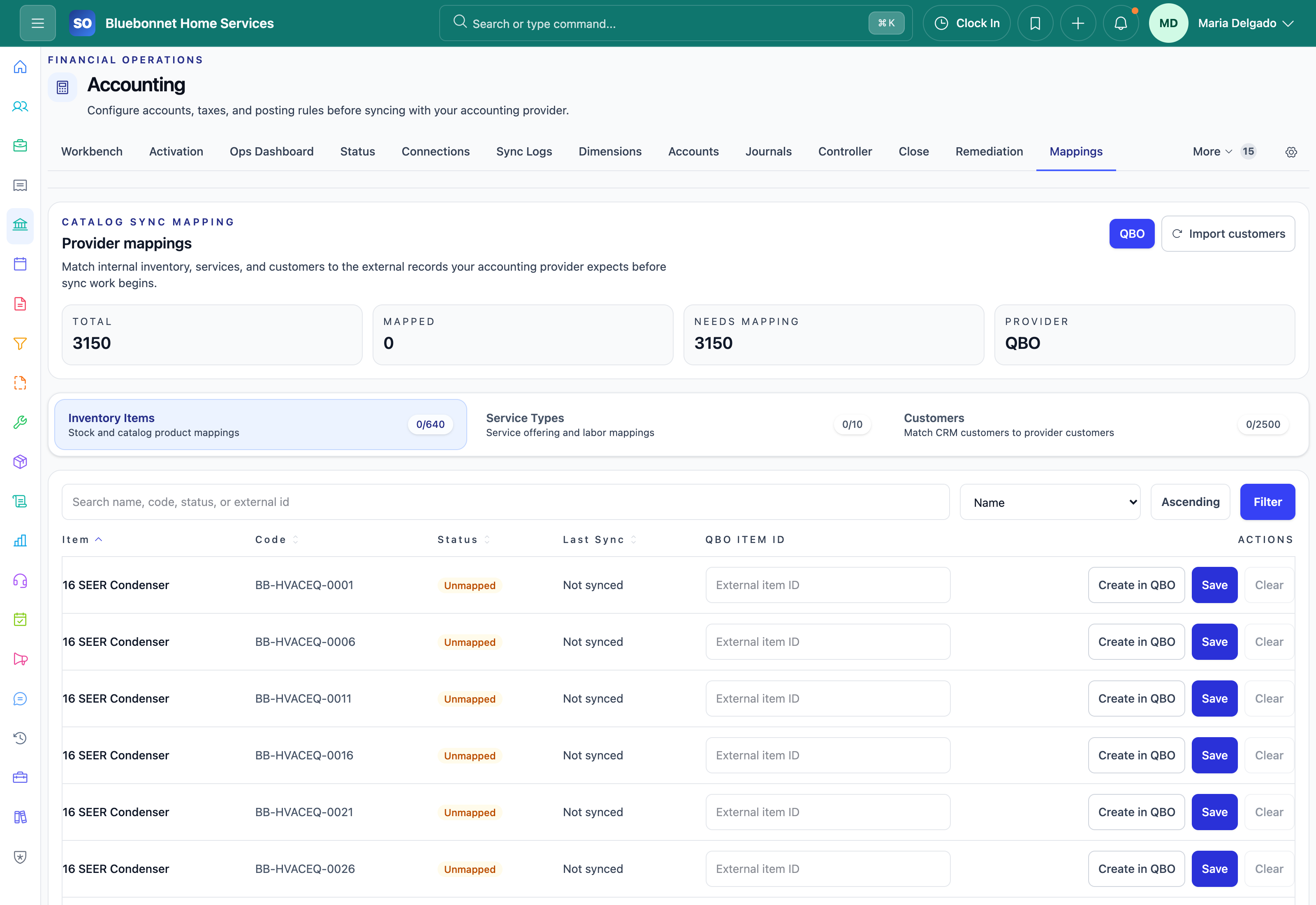 QuickBooks Online mappings for customers, catalog items, taxes, payment methods, and accounts.