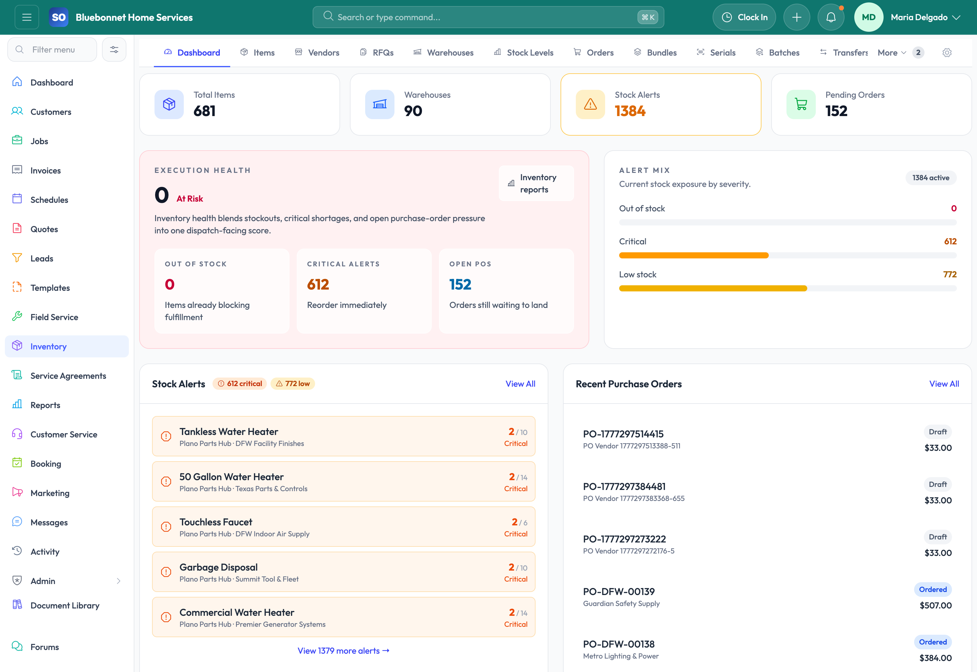 Inventory dashboard for stock and replenishment visibility.