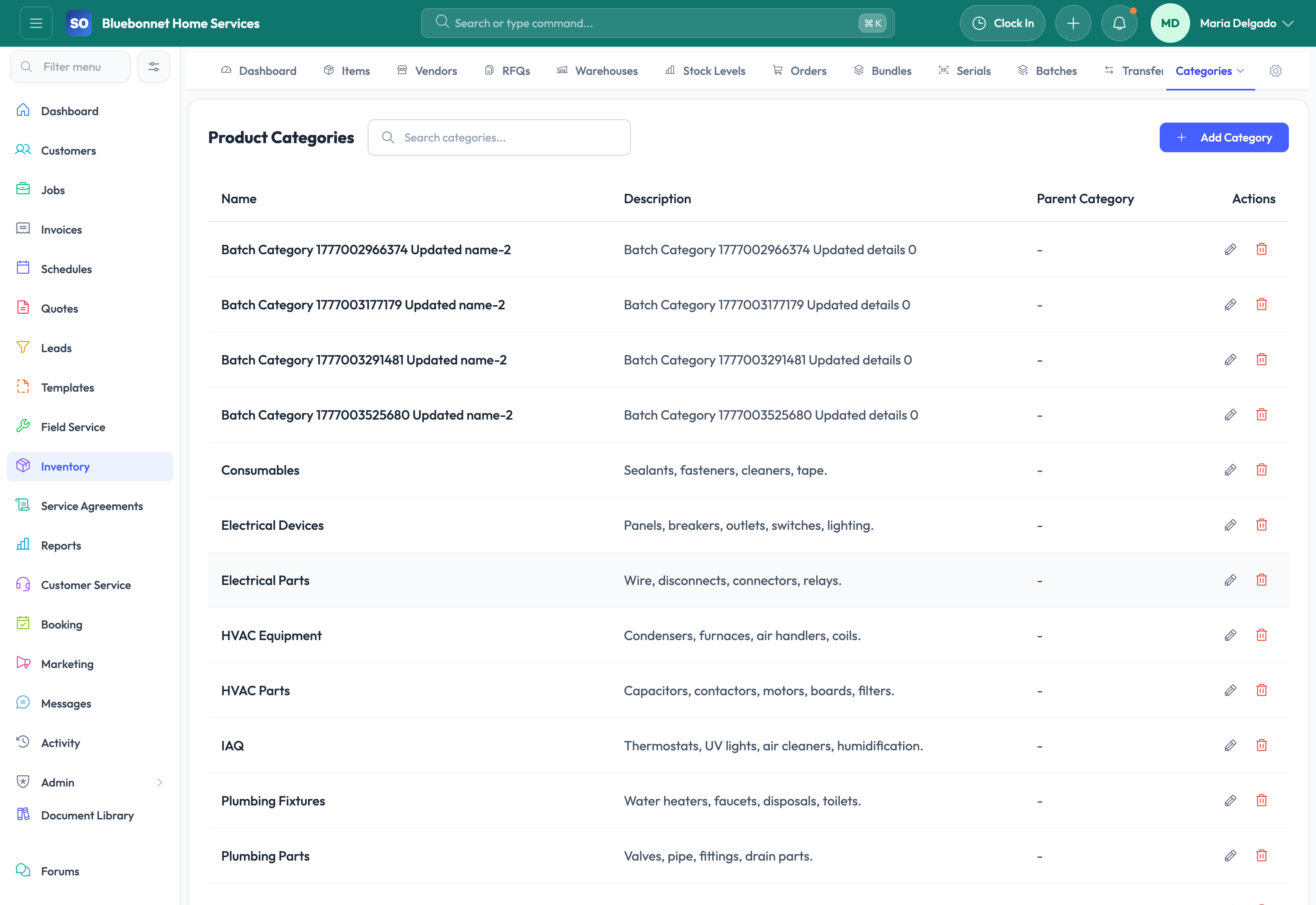 Categories tab for inventory classification and reporting.
