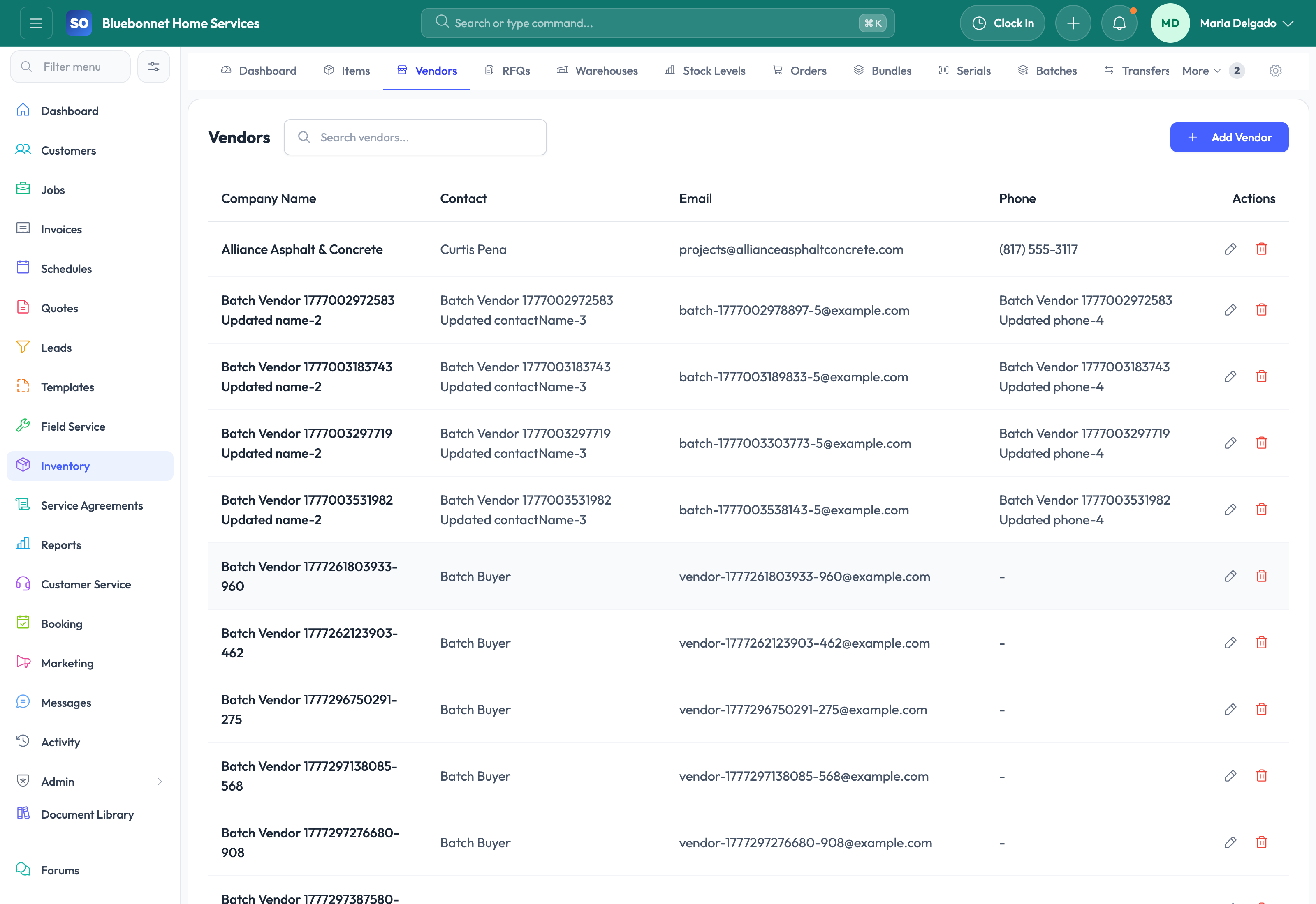 Vendors tab for supplier records and sourcing context.