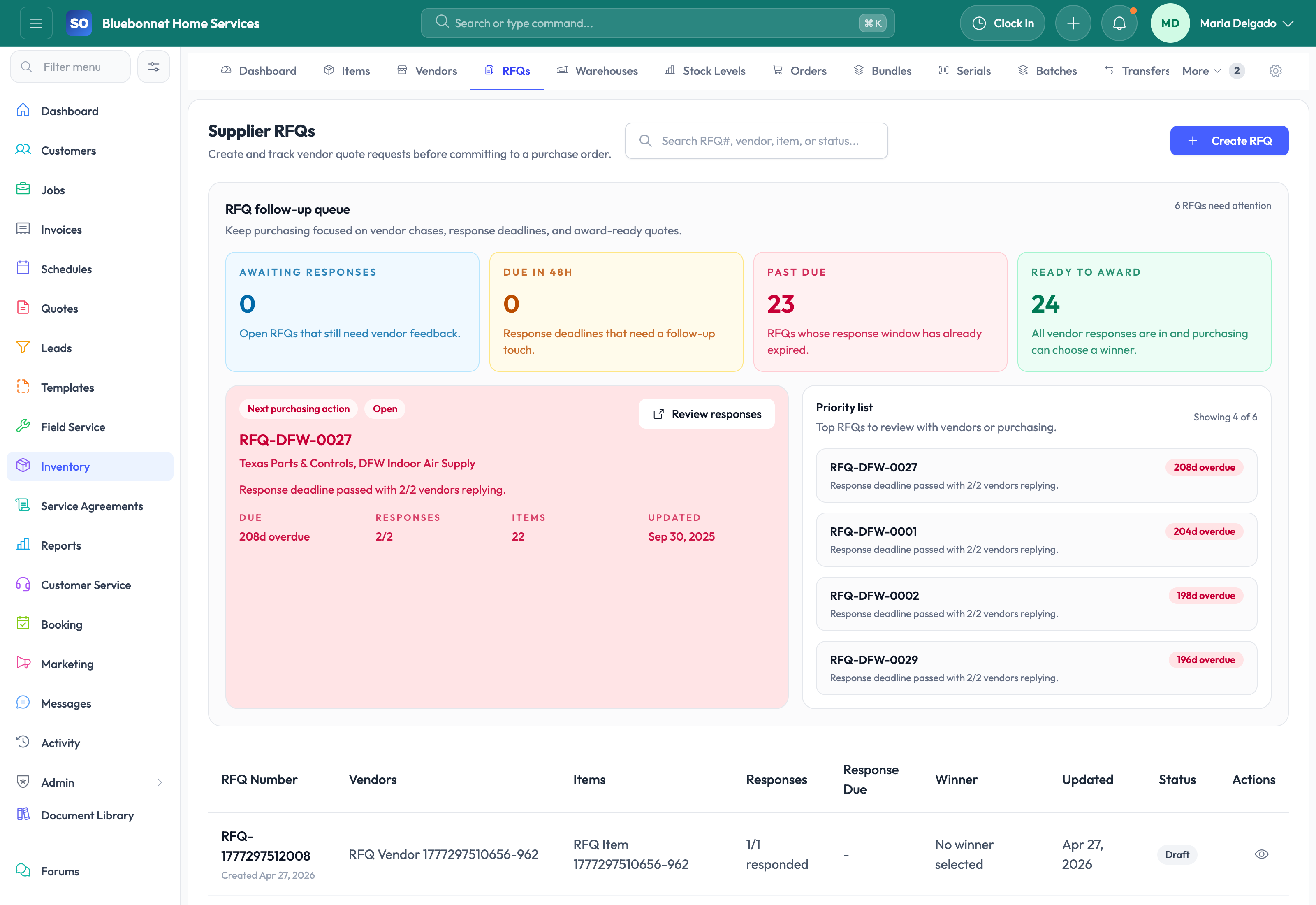 RFQs tab for vendor quote requests and comparison.