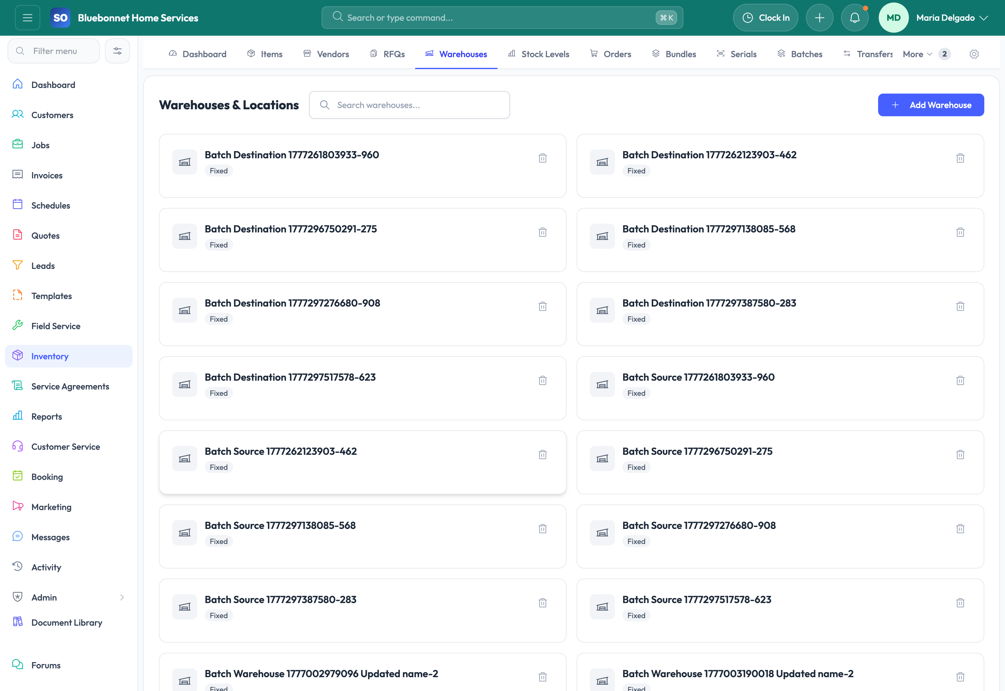 Warehouses tab for stock locations and truck inventory.