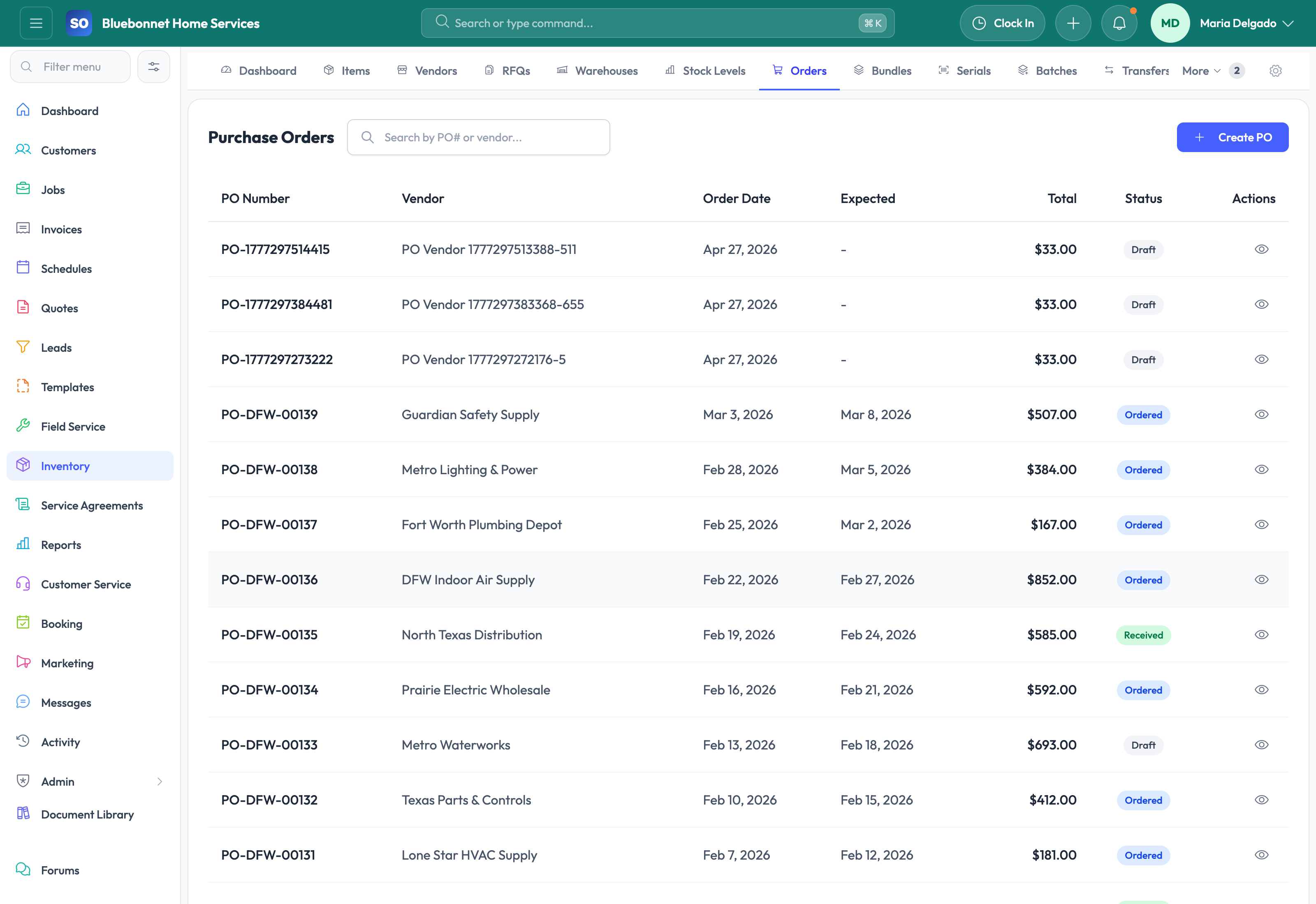 Orders tab for purchase order lifecycle tracking.