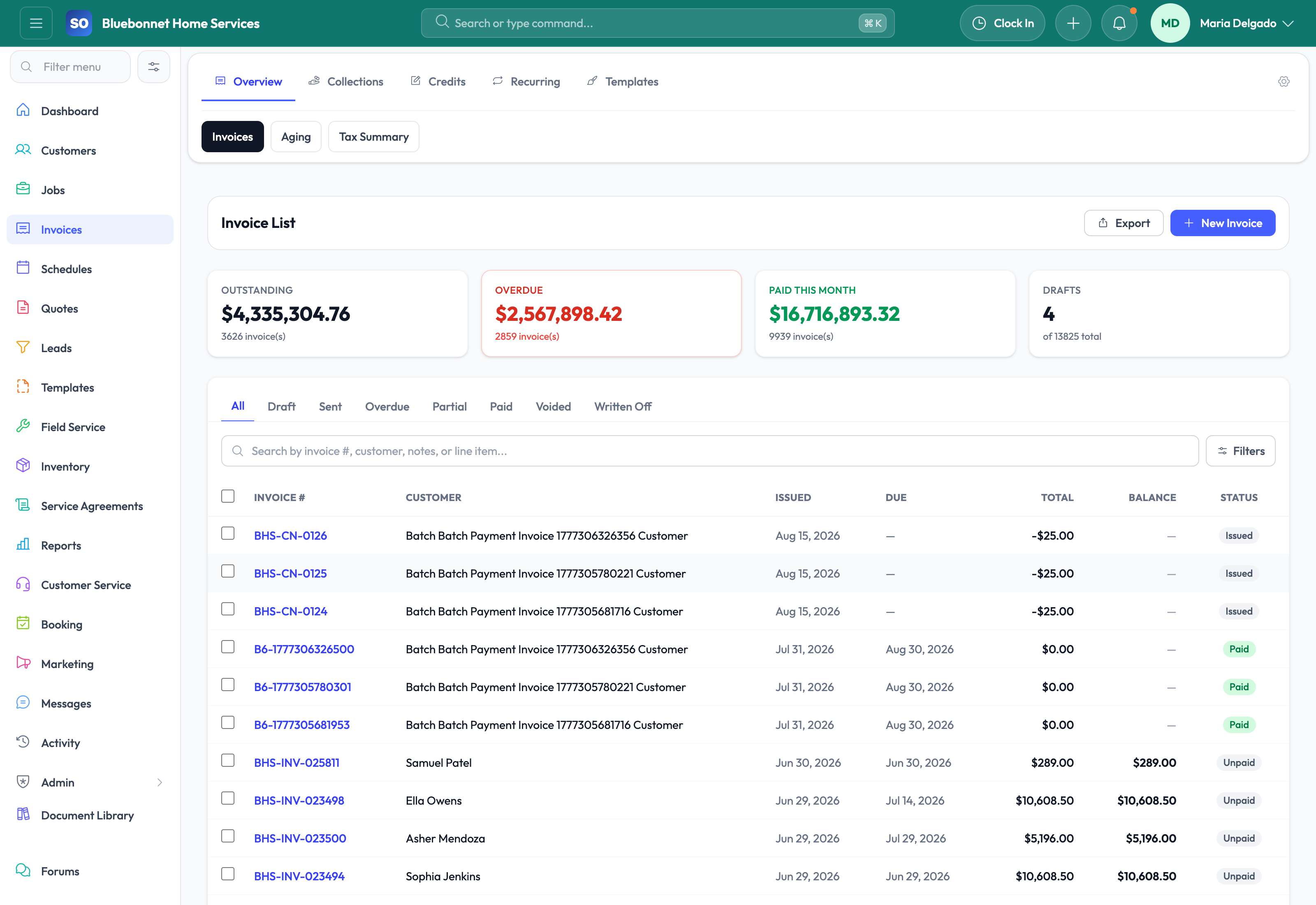 Invoices list tab for billing status and receivables review.