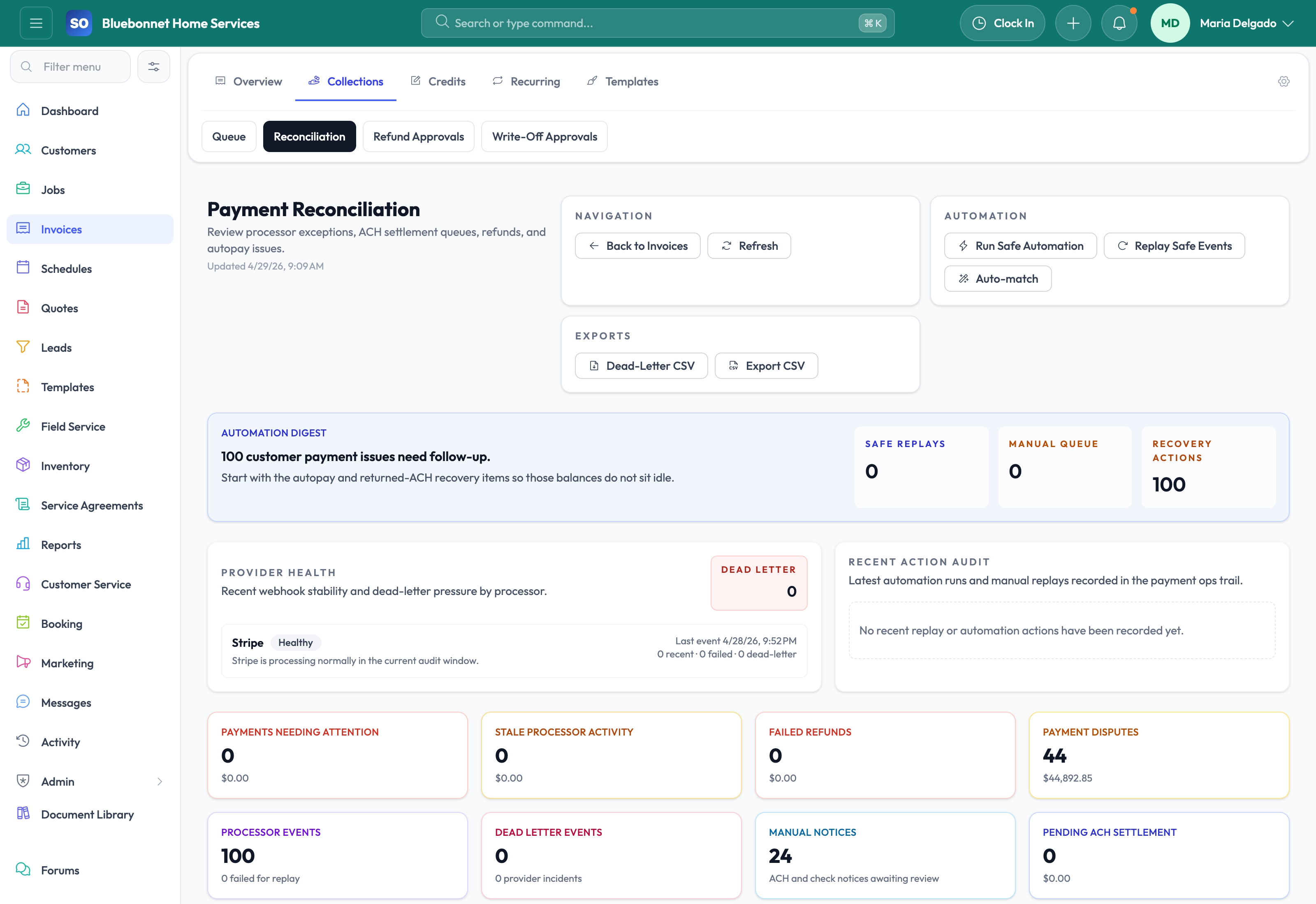 Reconciliation tab for payment matching and finance cleanup.