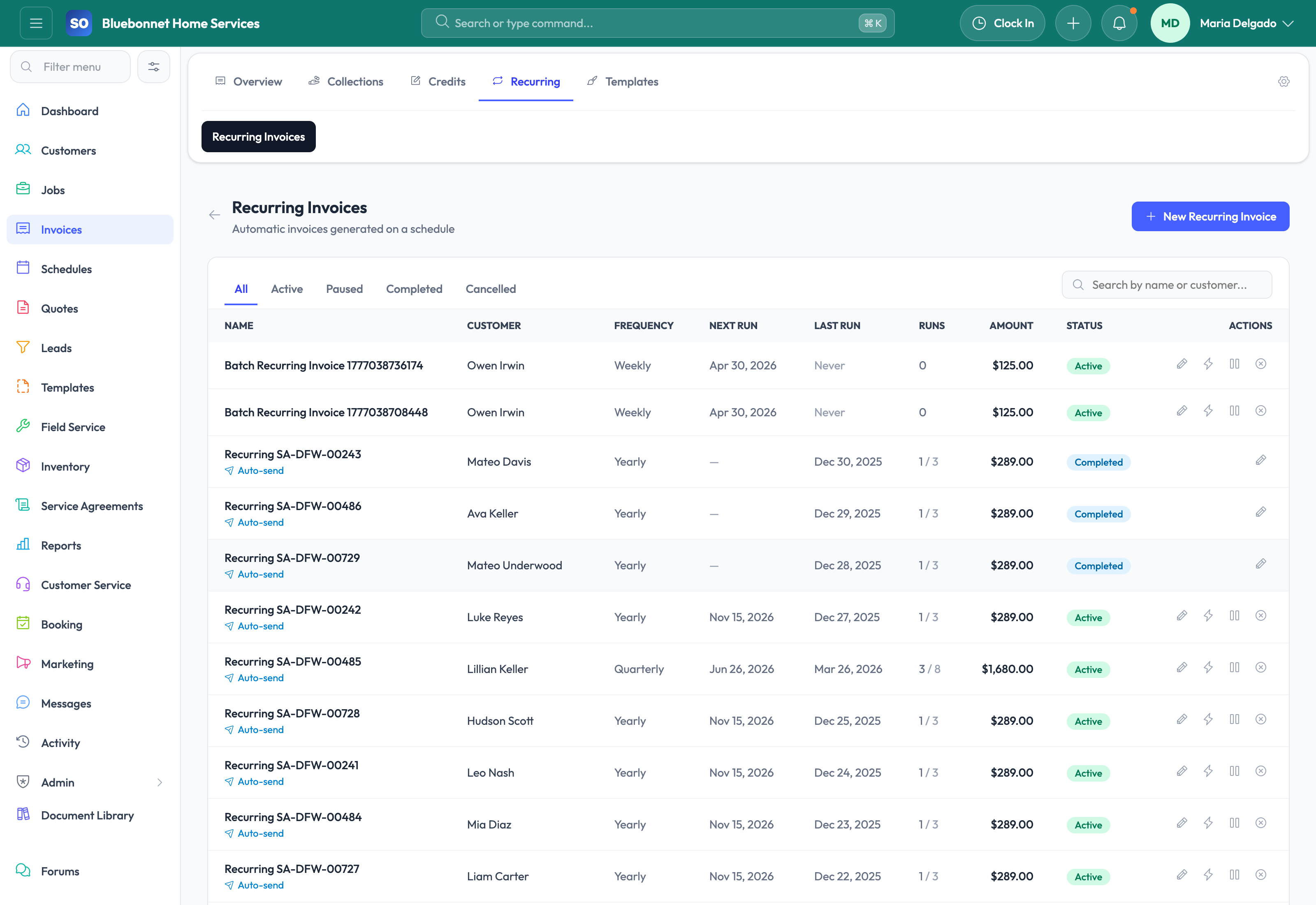 Recurring invoices tab for repeat billing management.