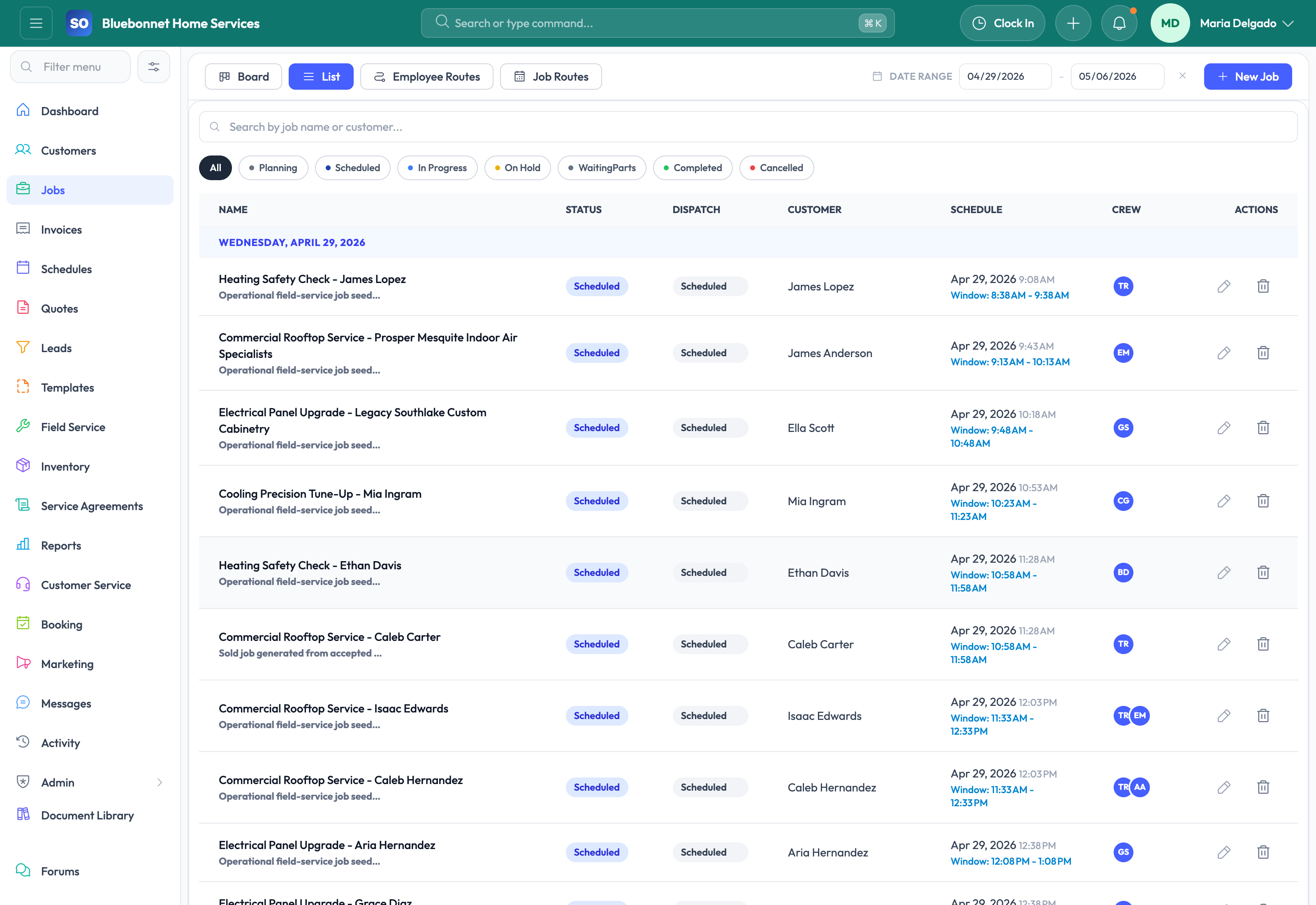 Job list tab for searchable work-order tracking.
