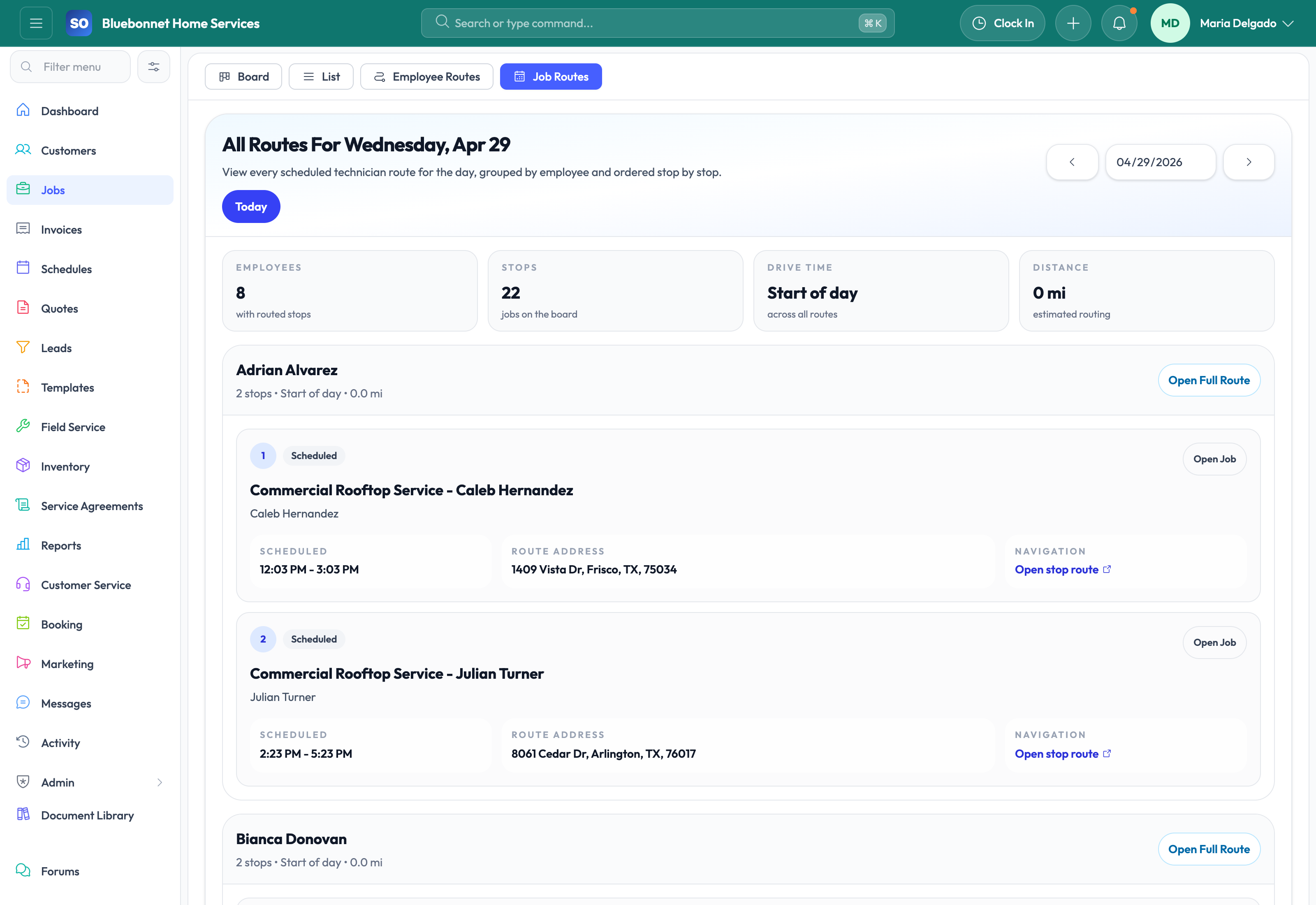 Day route console tab for daily route execution review.