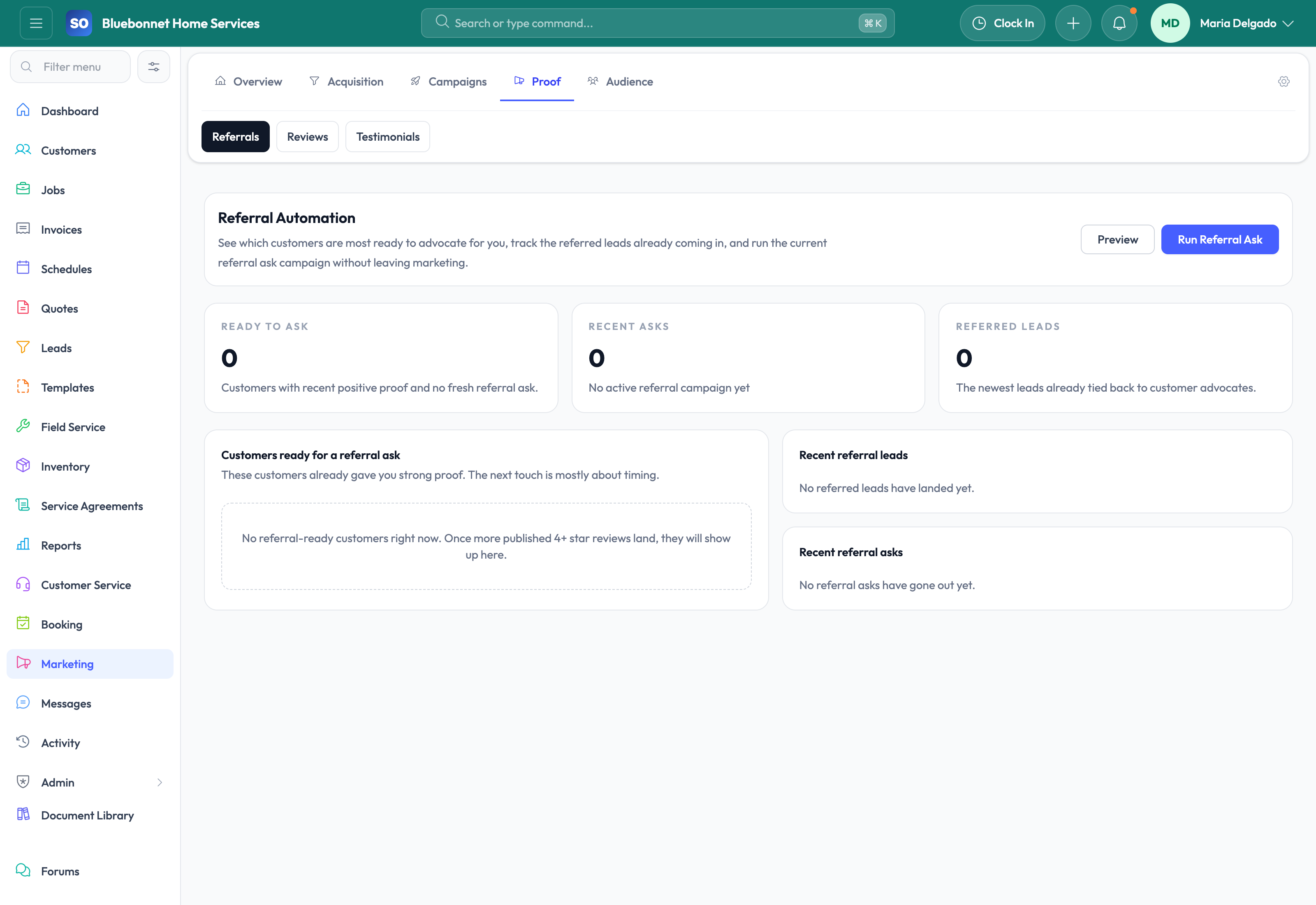 Referrals tab for customer advocacy and partner-driven growth.