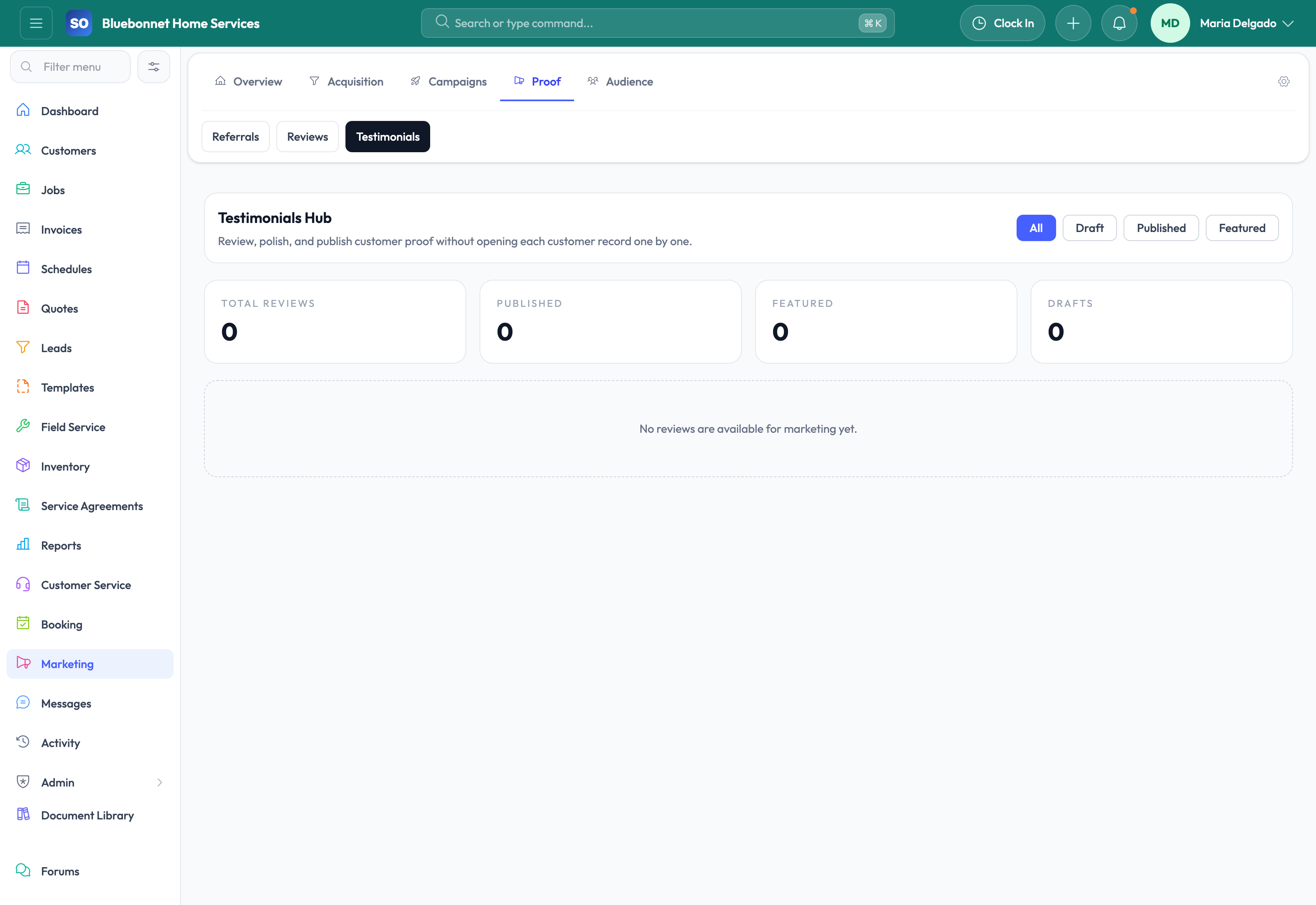 Testimonials tab for social proof and reusable customer stories.