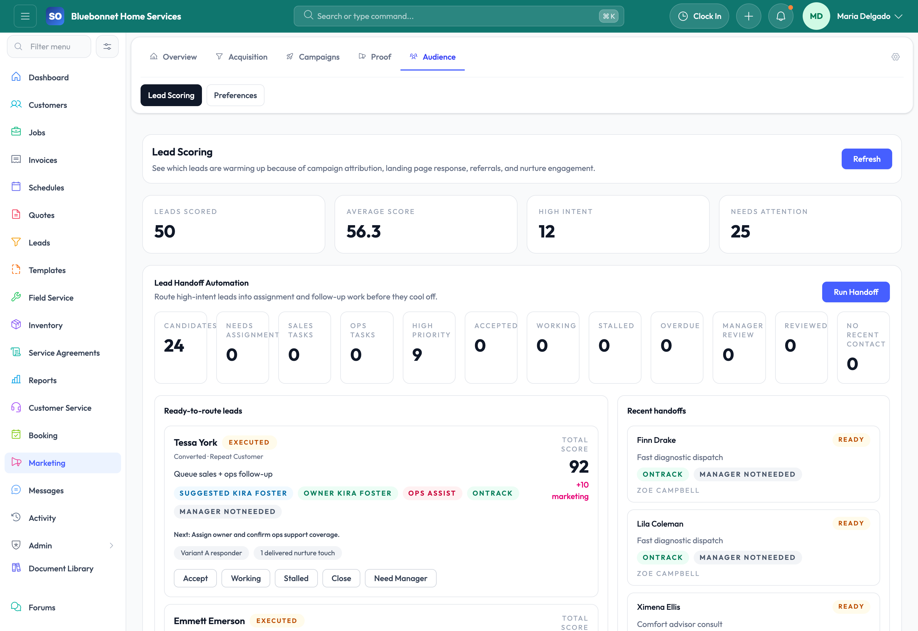 Lead scoring tab for prioritizing the best opportunities.