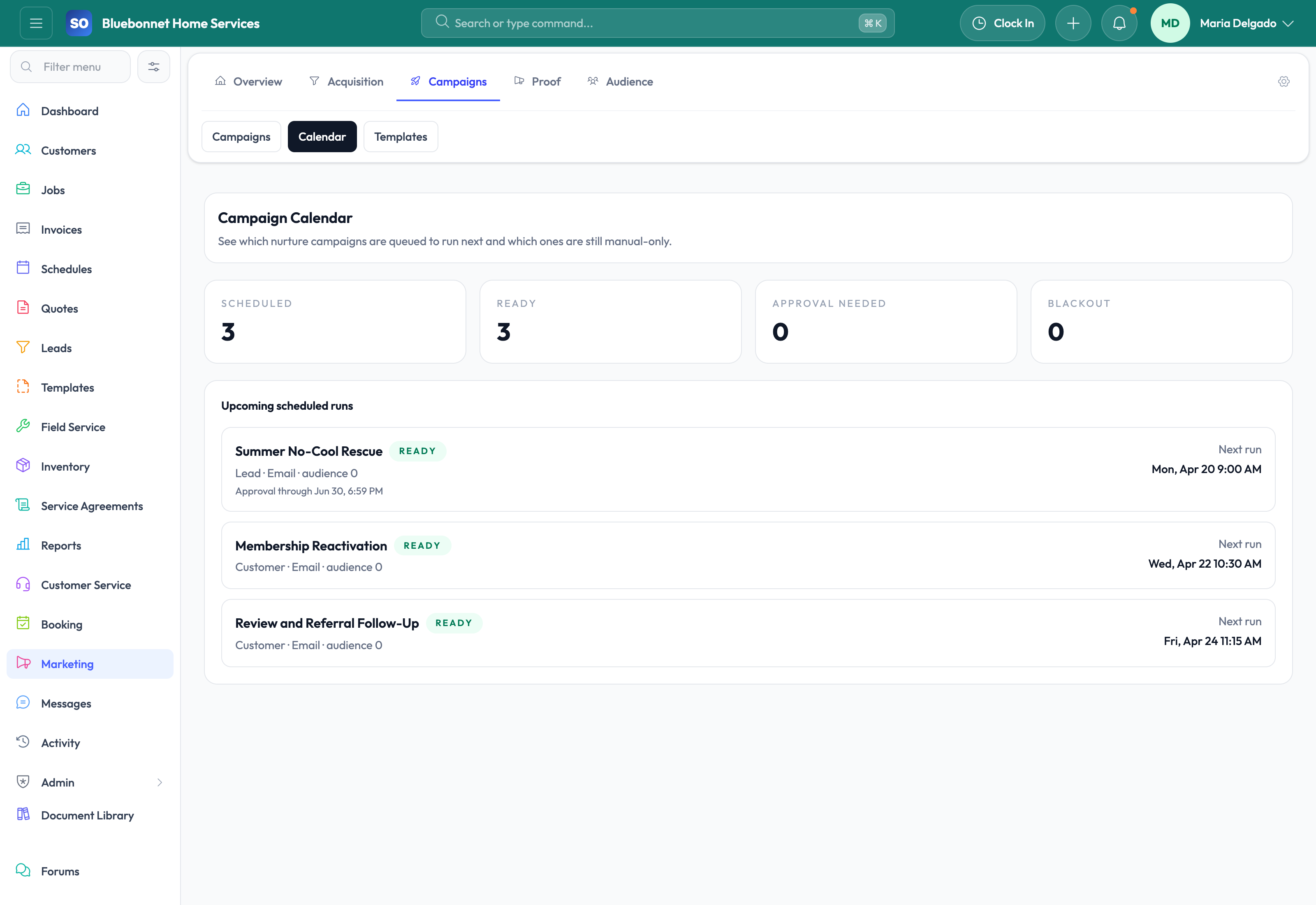 Calendar tab for planned marketing activity and content timing.