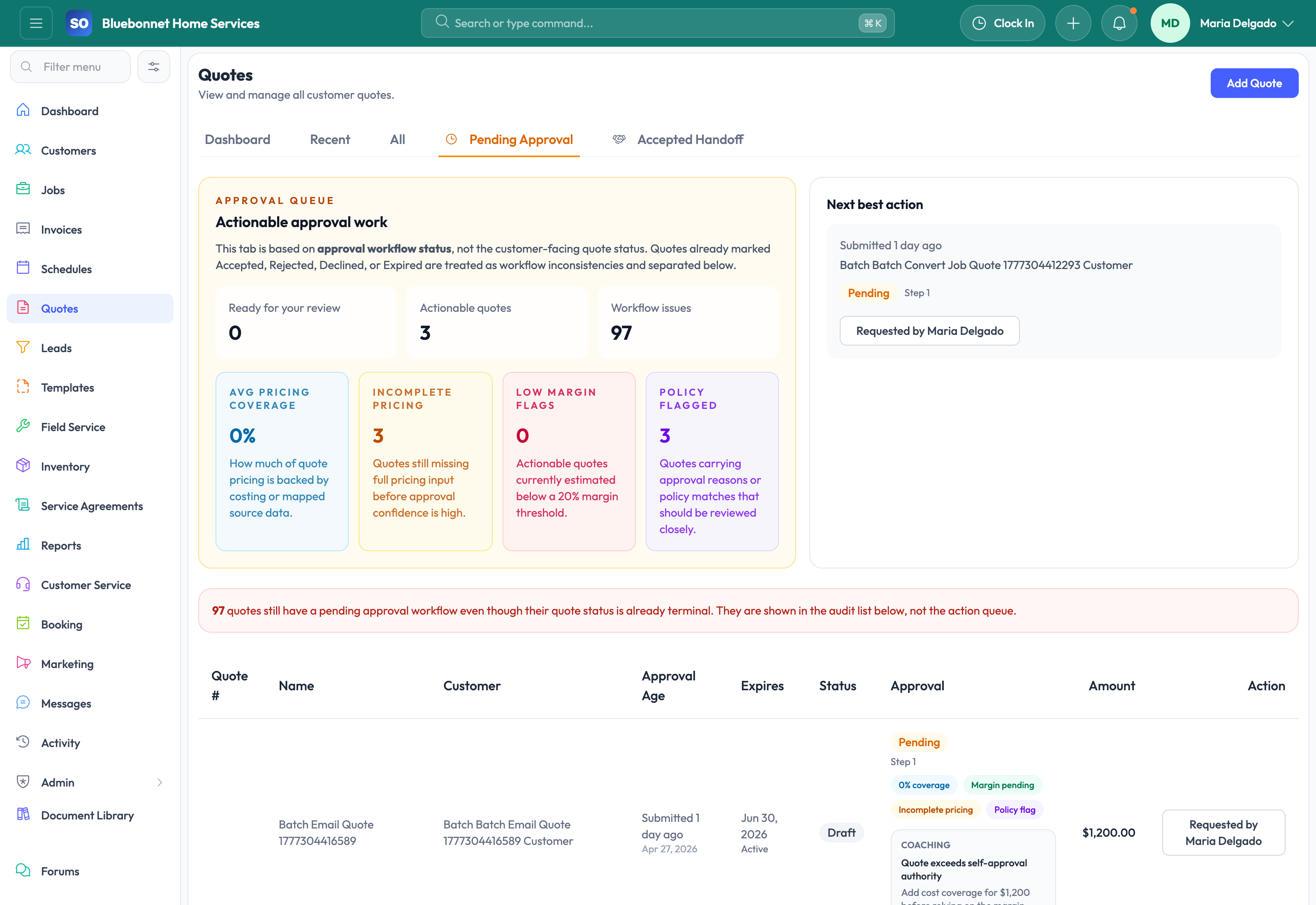 Pending approval tab for quote signoff workflows.