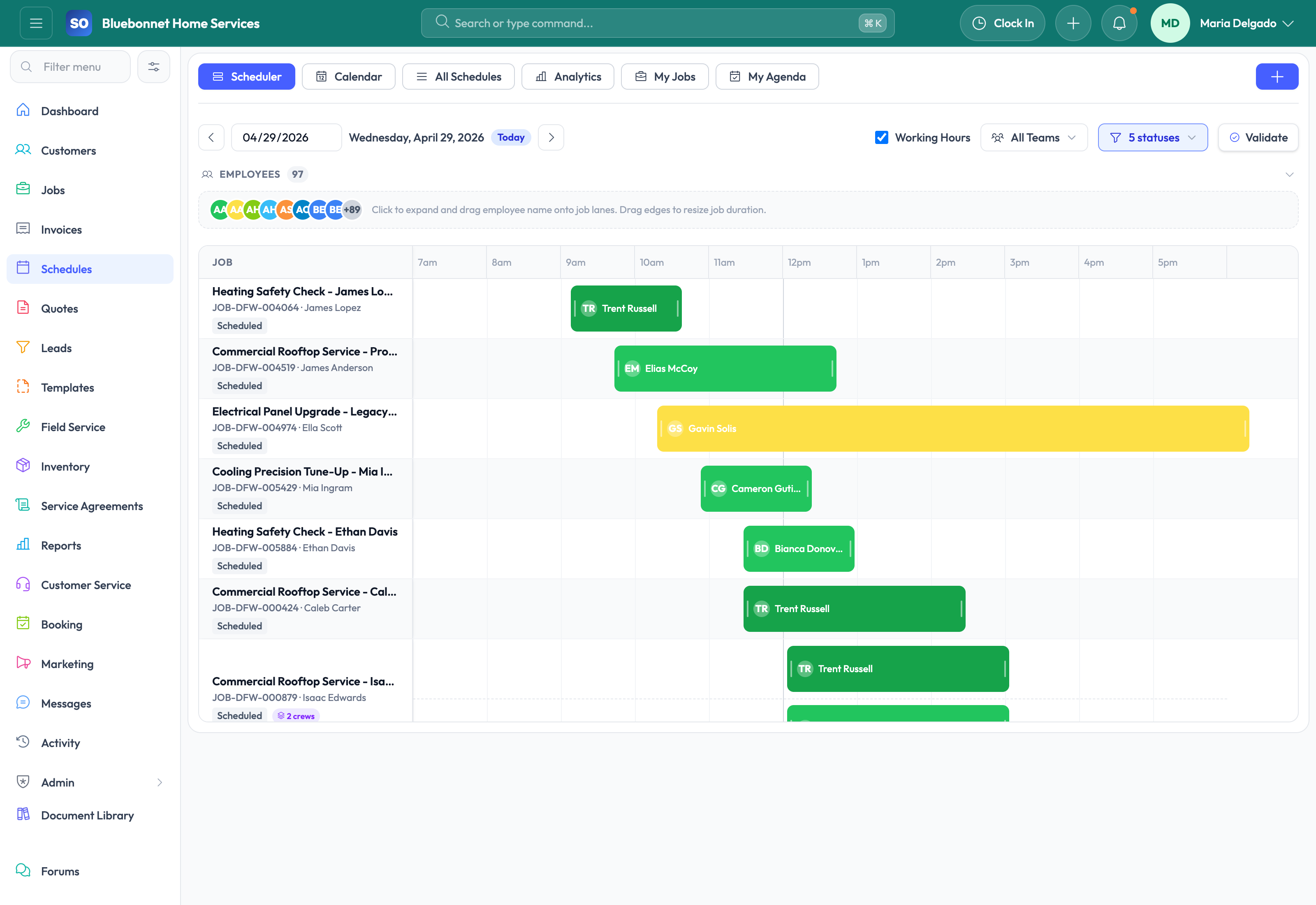 Scheduler tab for dispatch planning and workload balancing.