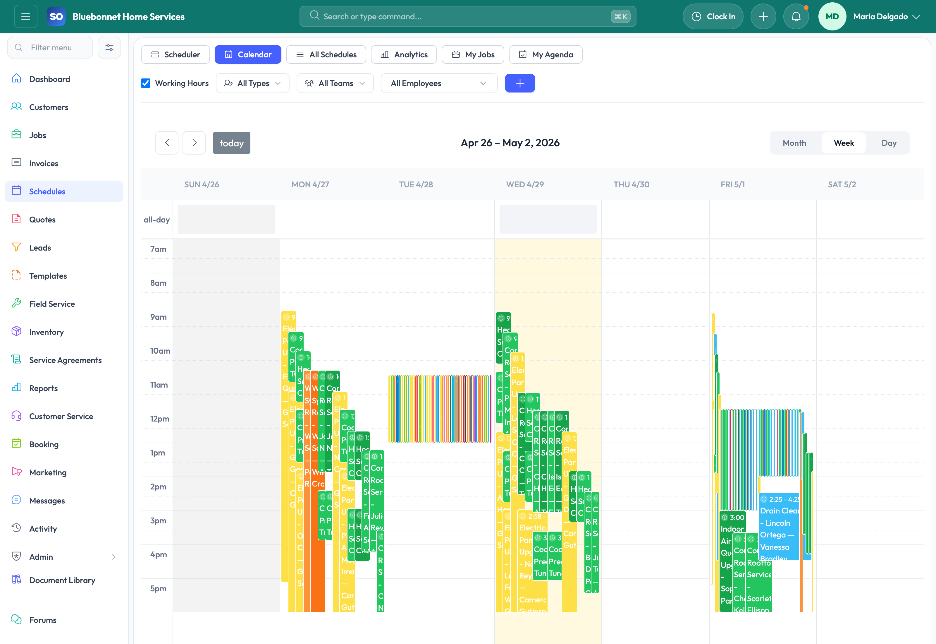 Calendar tab for schedule visualization across crews and dates.