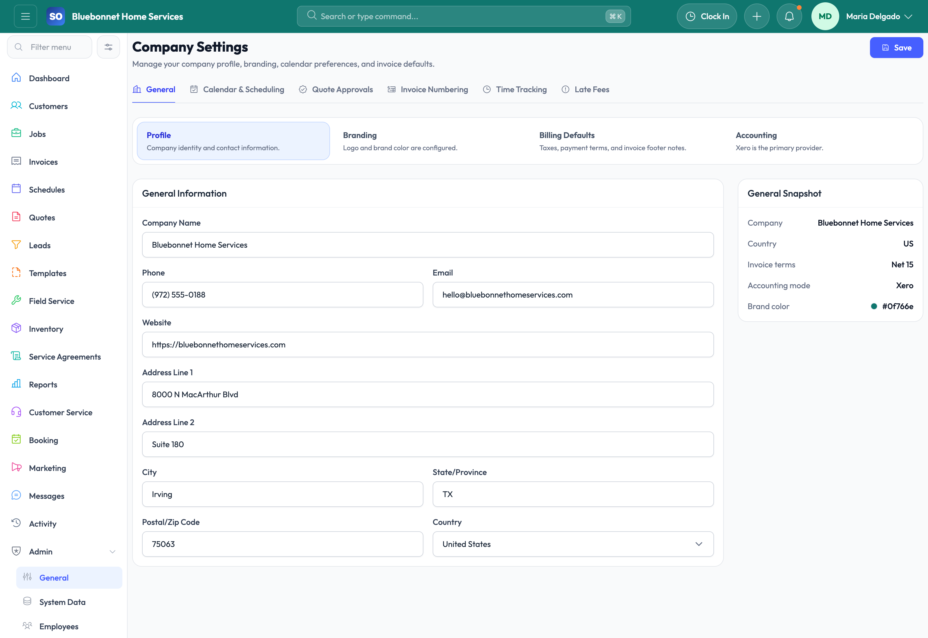 Company Settings general tab for profile, branding, and defaults.