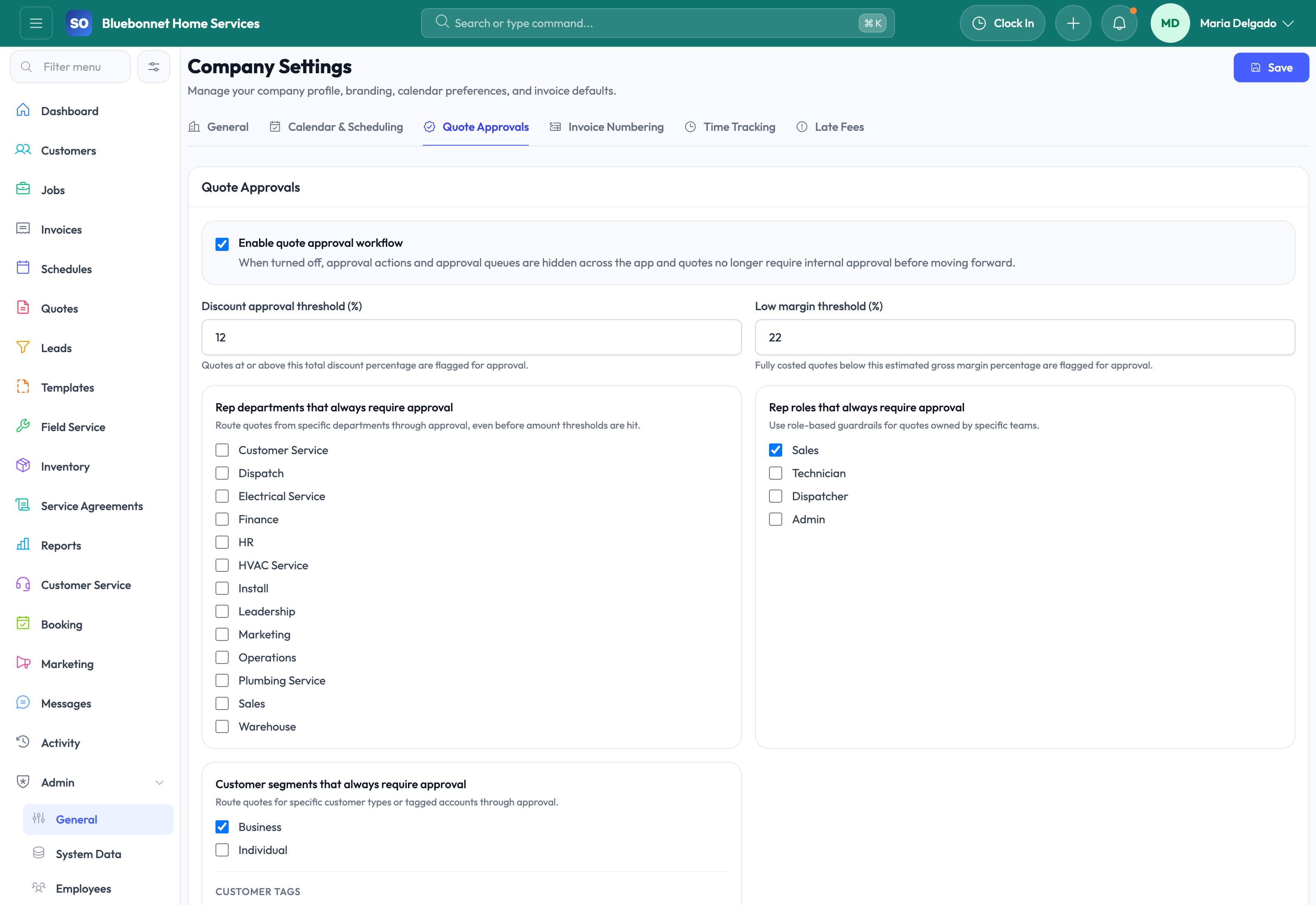 Company Settings quote approvals tab for approval policies.