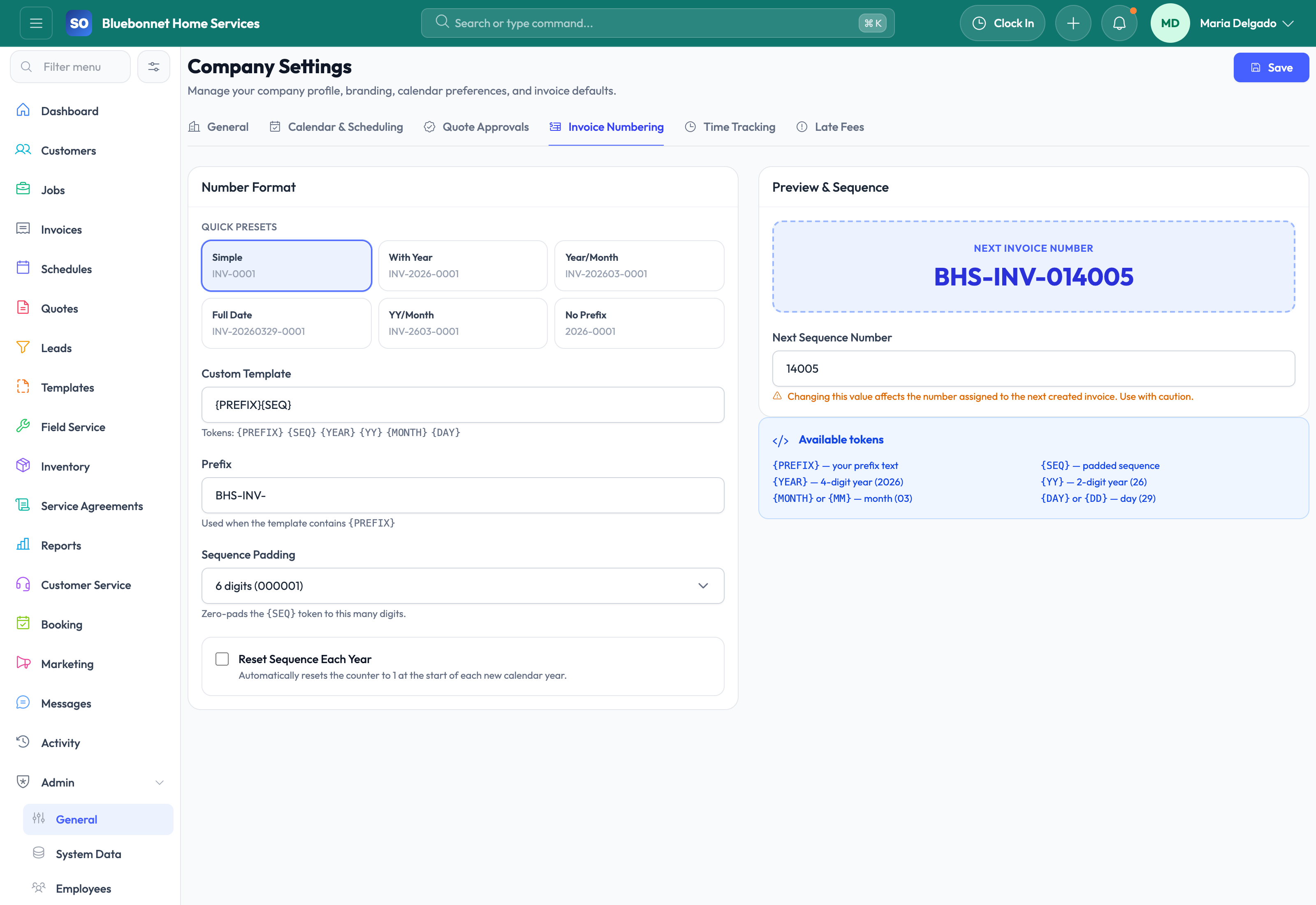 Company Settings invoice numbering tab for billing sequences.