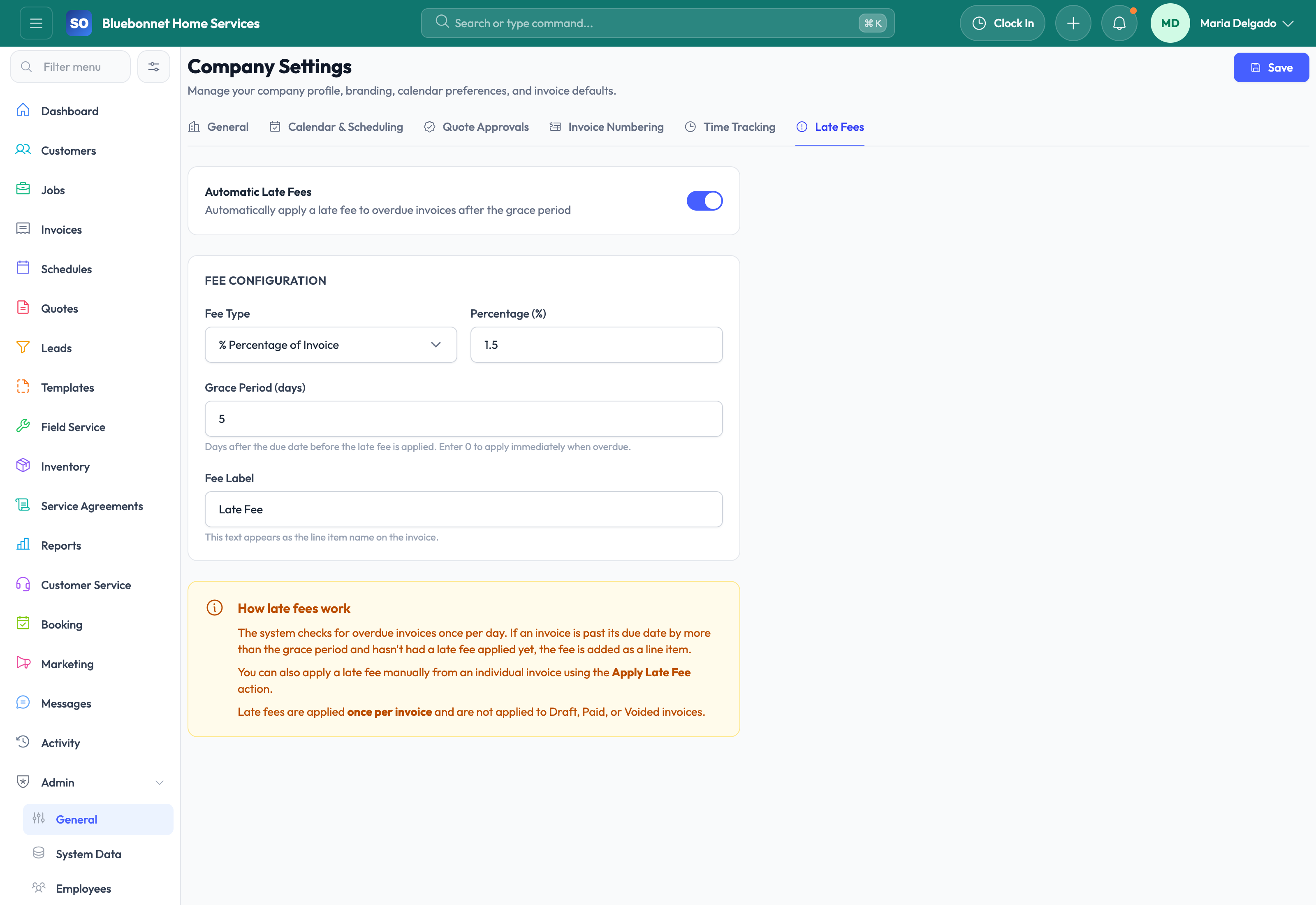 Company Settings late fees tab for receivables penalty rules.