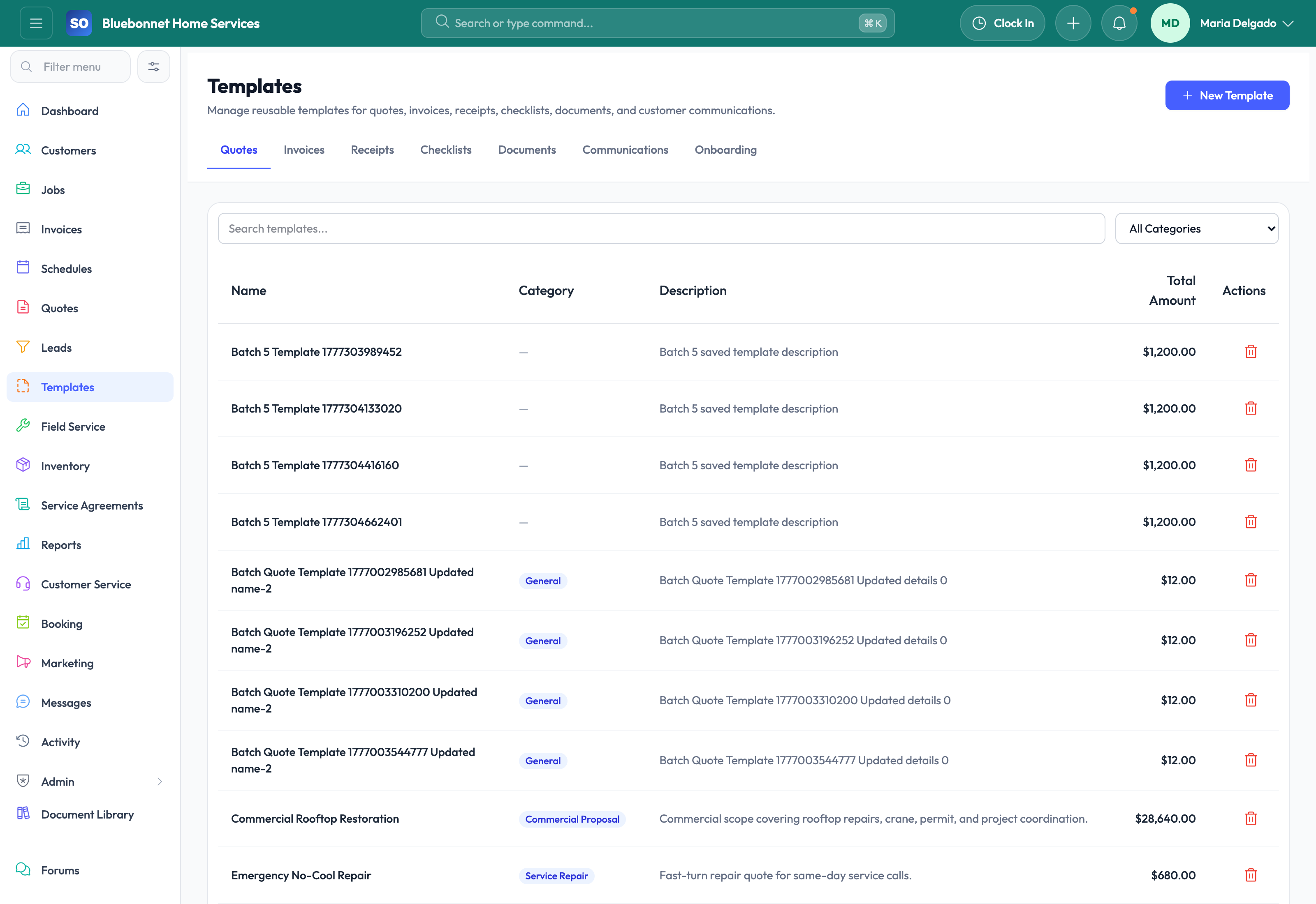 Quote templates tab for reusable sales proposals.