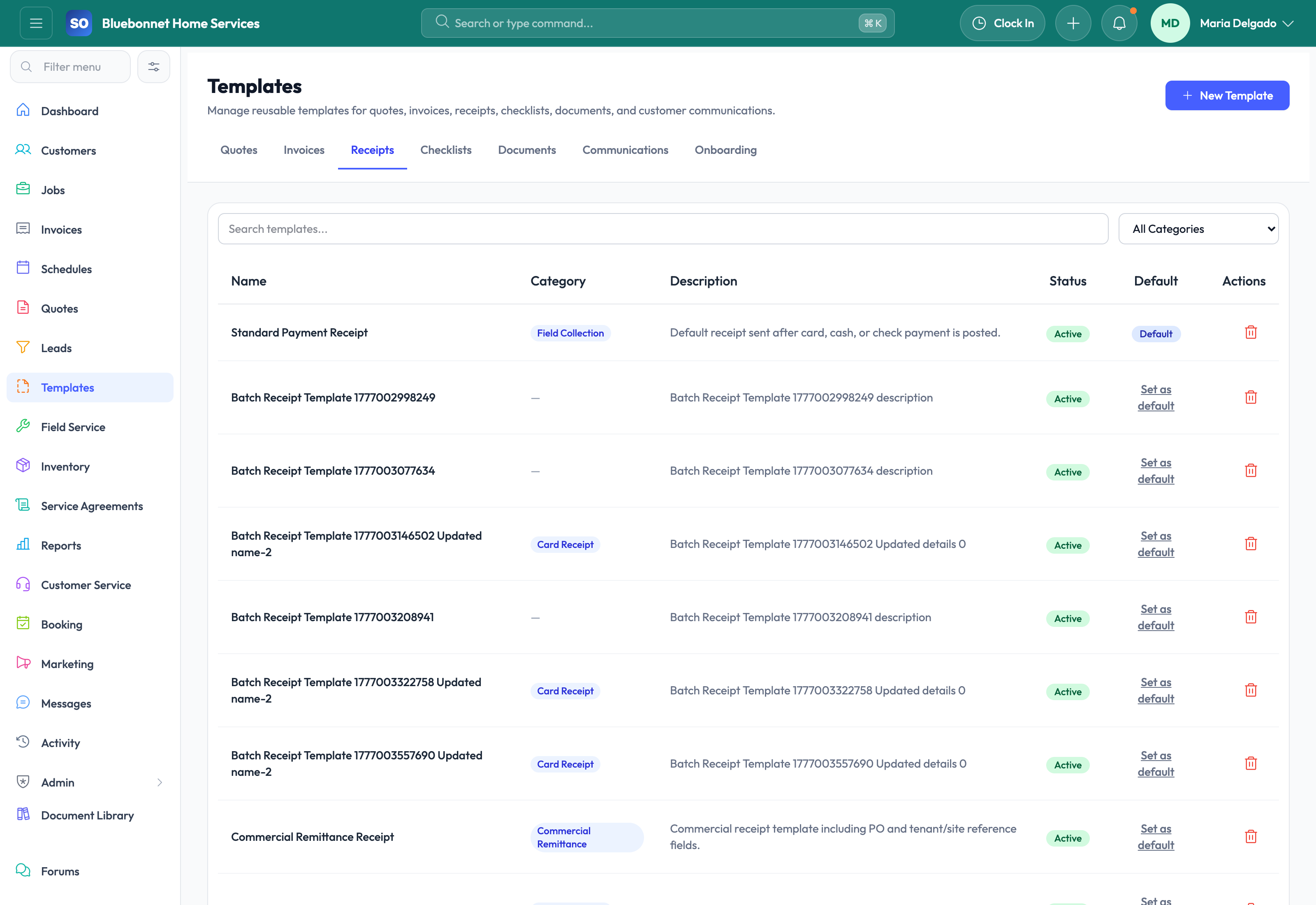 Receipt templates tab for payment confirmation documents.
