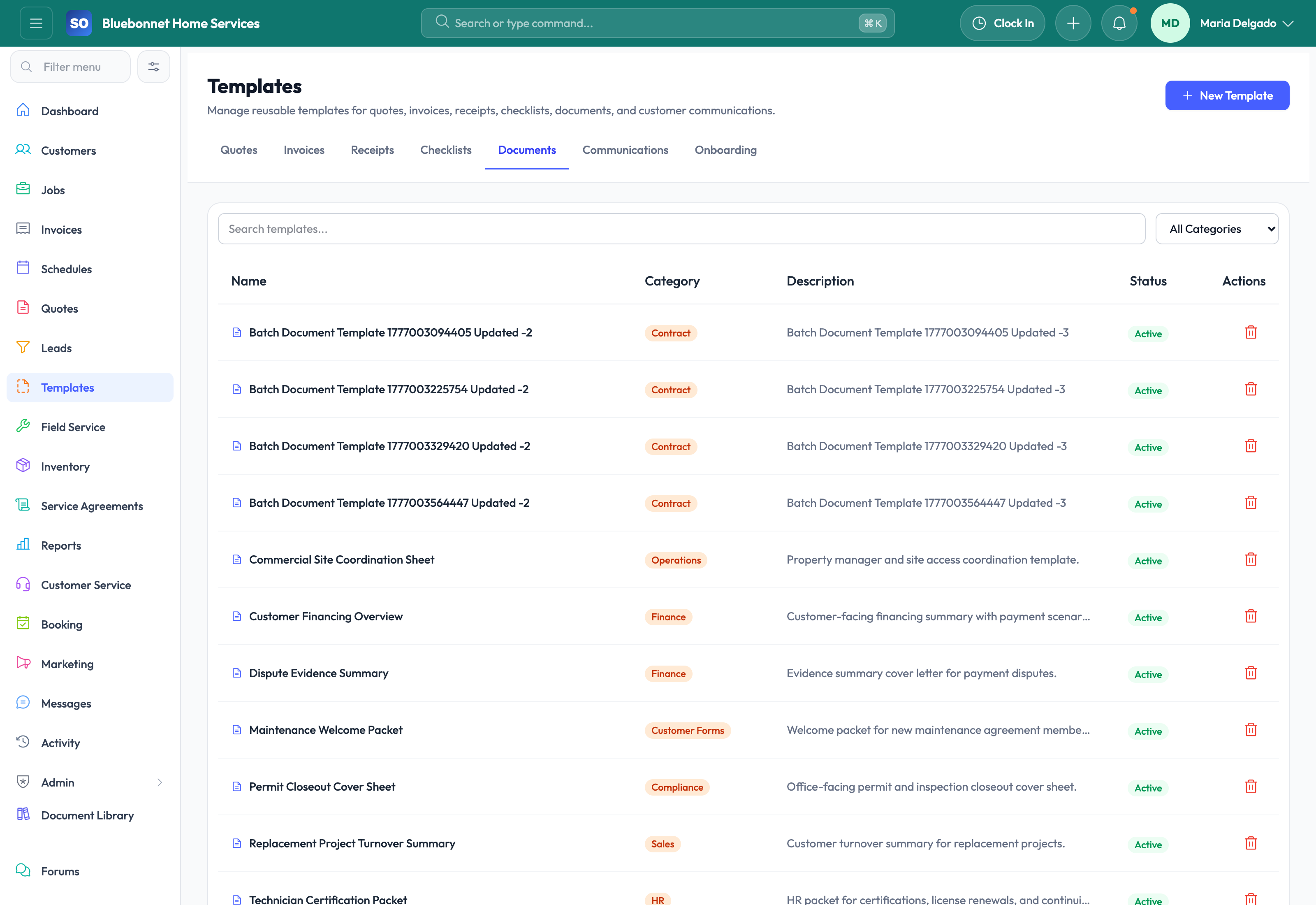 Document templates tab for reusable forms and files.