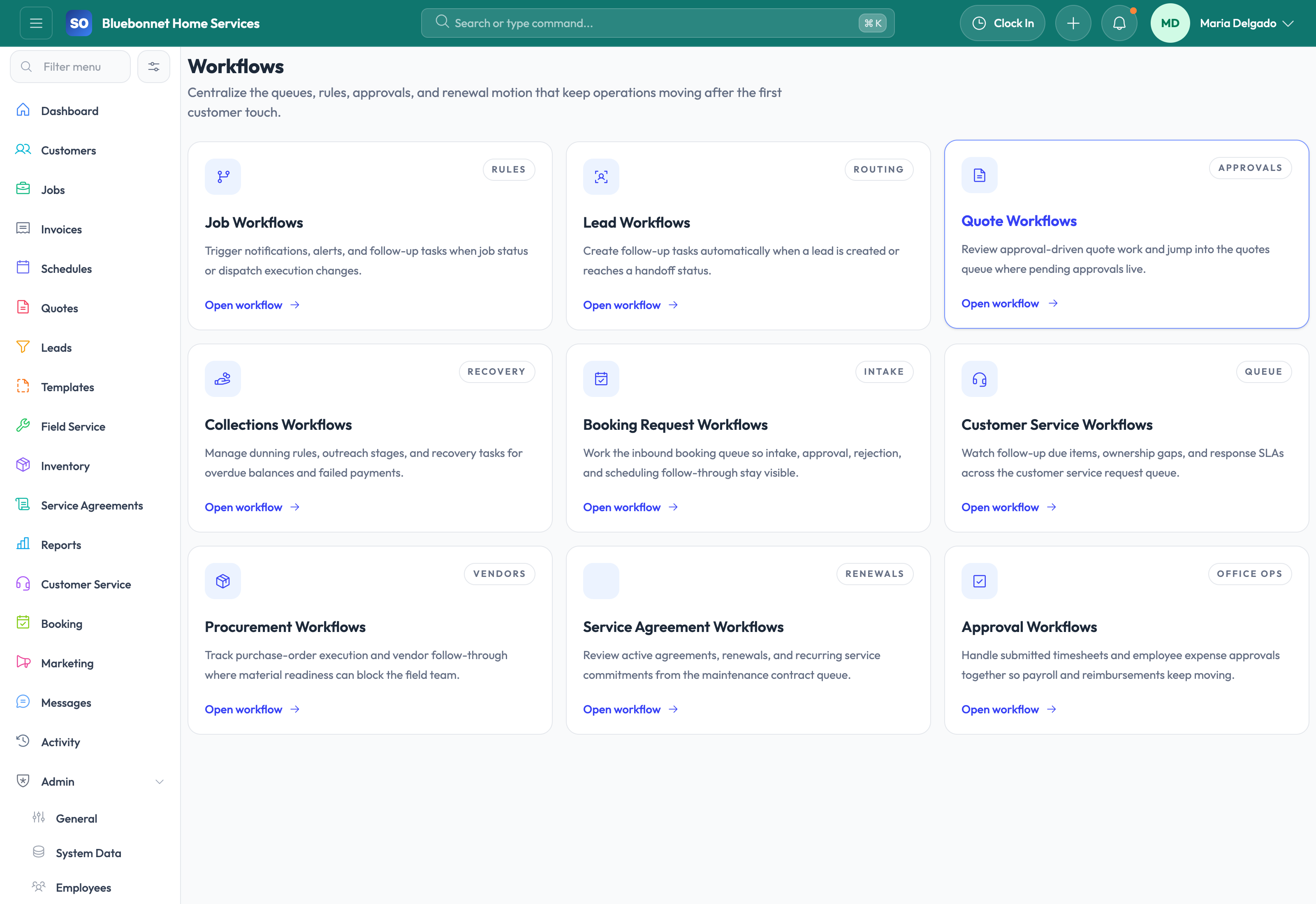 Workflow rules area for automating job-status alerts and follow-up actions.